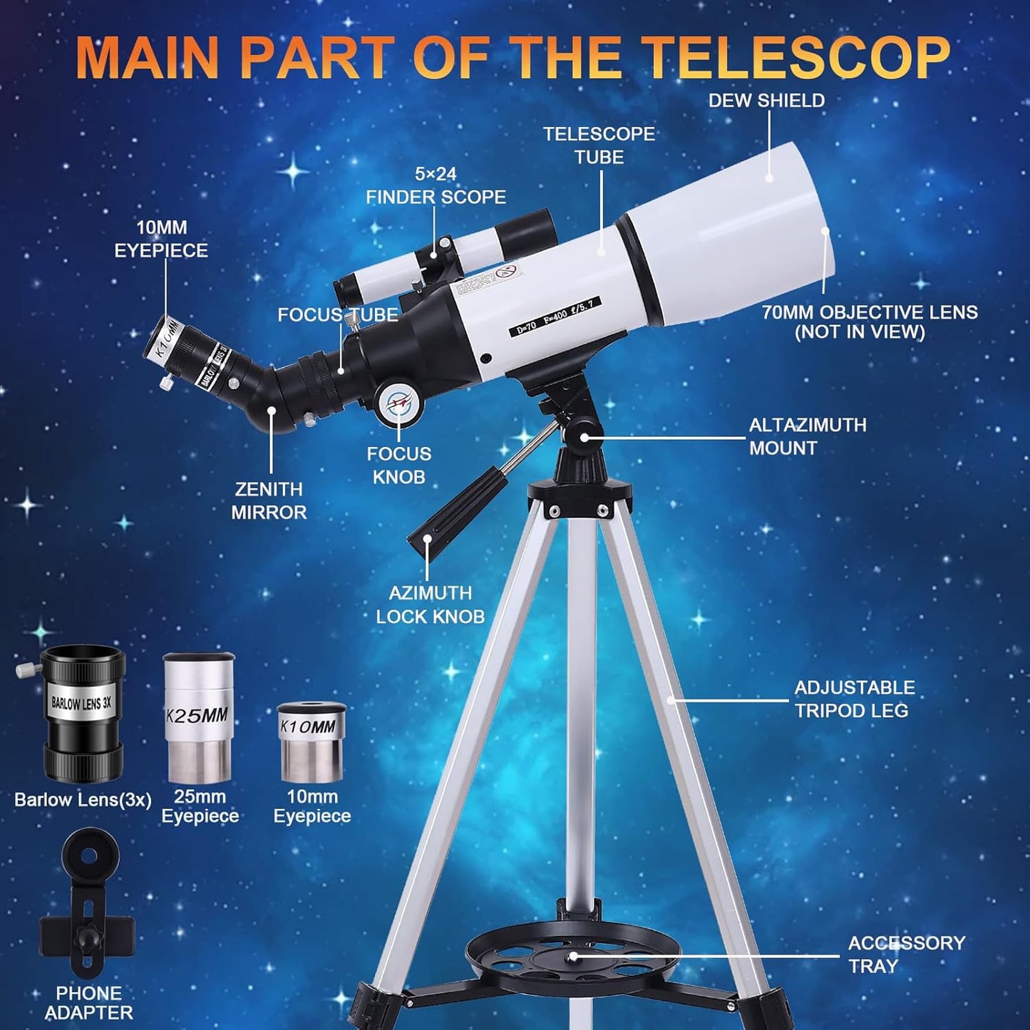 PISEZ Telescope for Adults & Beginner,70mm Aperture 400mm AZ Mount Astronomical Refracting Travel Telescope for Kids Beginners with Carry Bag, Phone Adapter