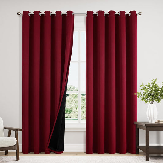 ChrisDowa 100% Blackout Curtains 84 inch Long for Bedroom with Black Liner, Extra Wide 2 Thick Layers Total Blackout Thermal Insulated Grommet Window Curtains 2 Panels Set (Burgundy, 60 x 84 Inch)