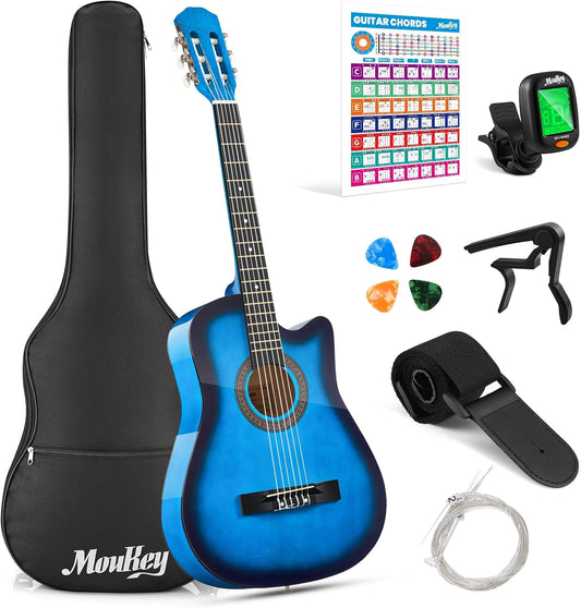 Moukey 38" Acoustic Guitar for Beginners Kids Youth Adult Cutaway Guitarra Acustica Kit with Chord Poster, Gig Bag, Tuner, Picks, Nylon Strings, Capo, Strap - Blue