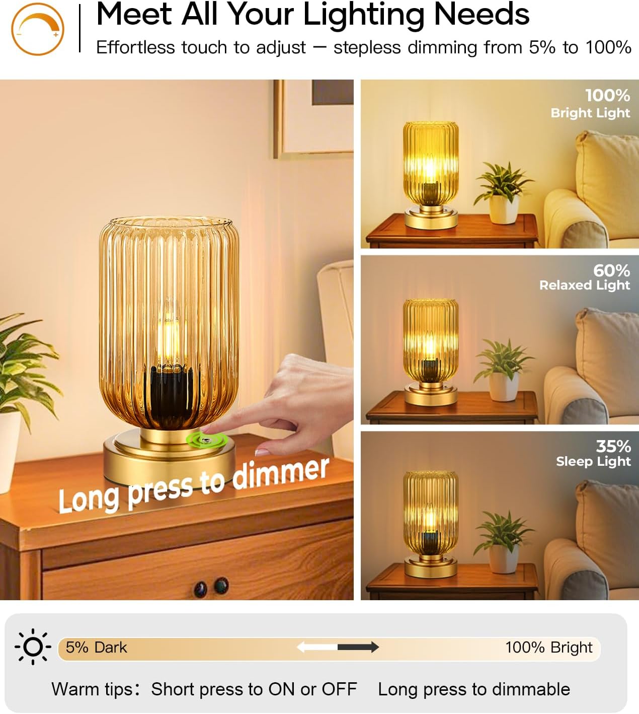 Touch Table Lamp for Nightstand - Small Bedside Lamps for Night Stands Bedroom Living Room, Dimmable Rechargeable Desk Lamp Battery Operated with Amber Glass Shade, Bulb Included