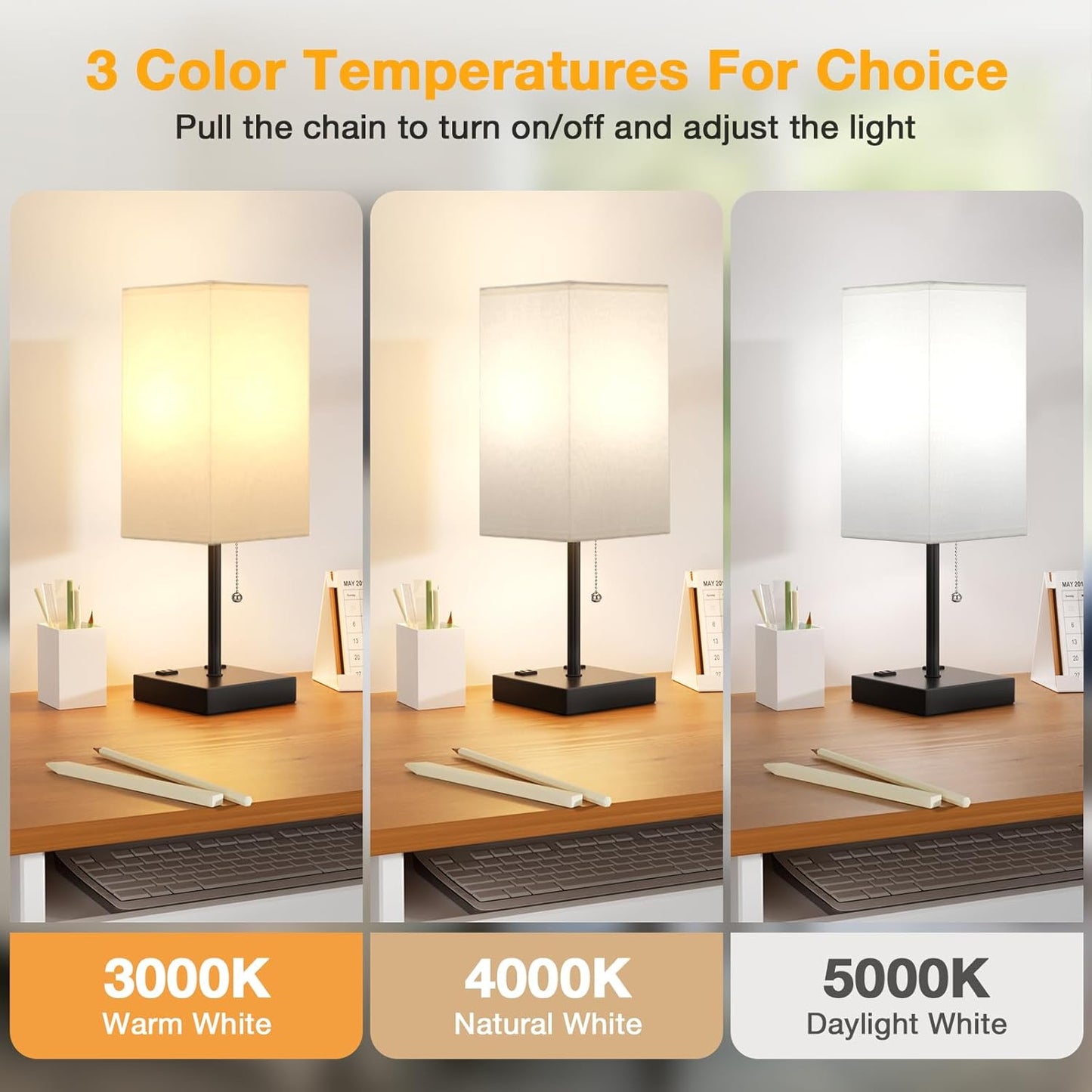 aooshine White Table Lamp for Bedside - 3 Color Temperature 3000K 5000K 4000K Bedroom Lamp, Pull Chain Control, USB A and C Ports, AC Outlets, Bulb Included, Medium