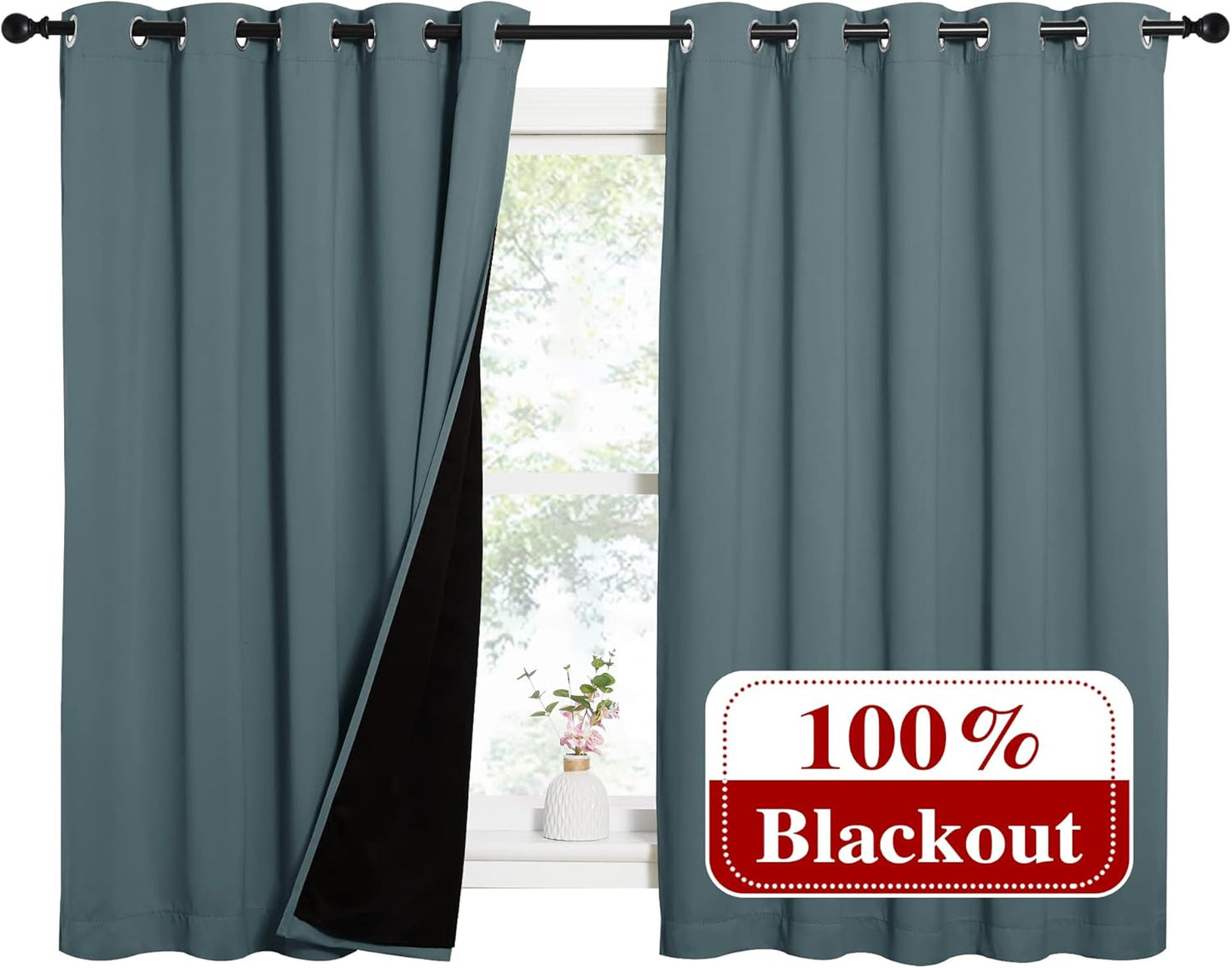 NICETOWN Greyish Green 100% Blackout Lined Curtains, 2 Thick Layers Completely Blackout Window Treatment Thermal Insulated Drapes for Kitchen/Bedroom (1 Pair, 62" Width x 63" Length per Panel)