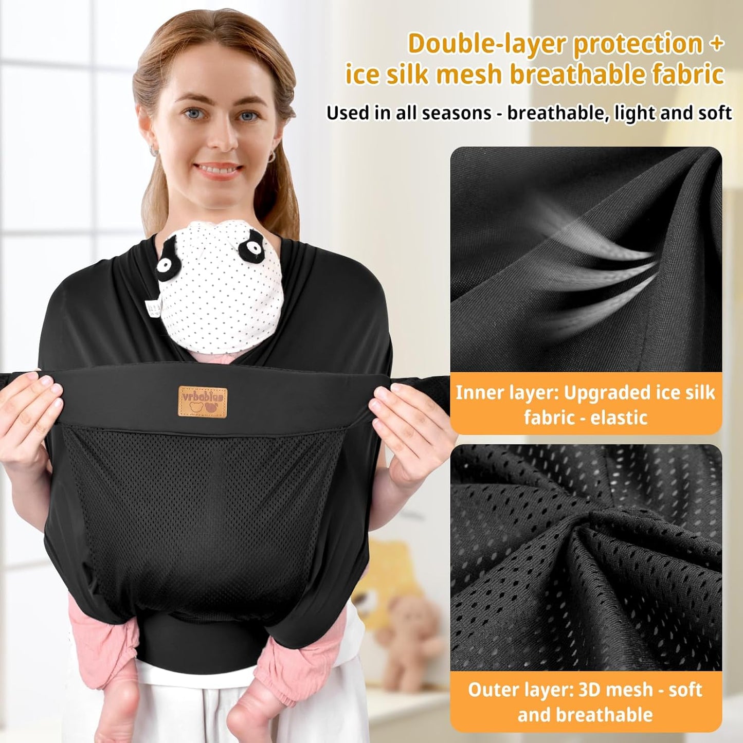 Baby Wraps Carrier Sling, Baby Carrier for Newborns and Toddlers,Skin-Friendly and Soft Front Baby Carrier Wrap Perfect Baby Gifts (Black, Mesh)