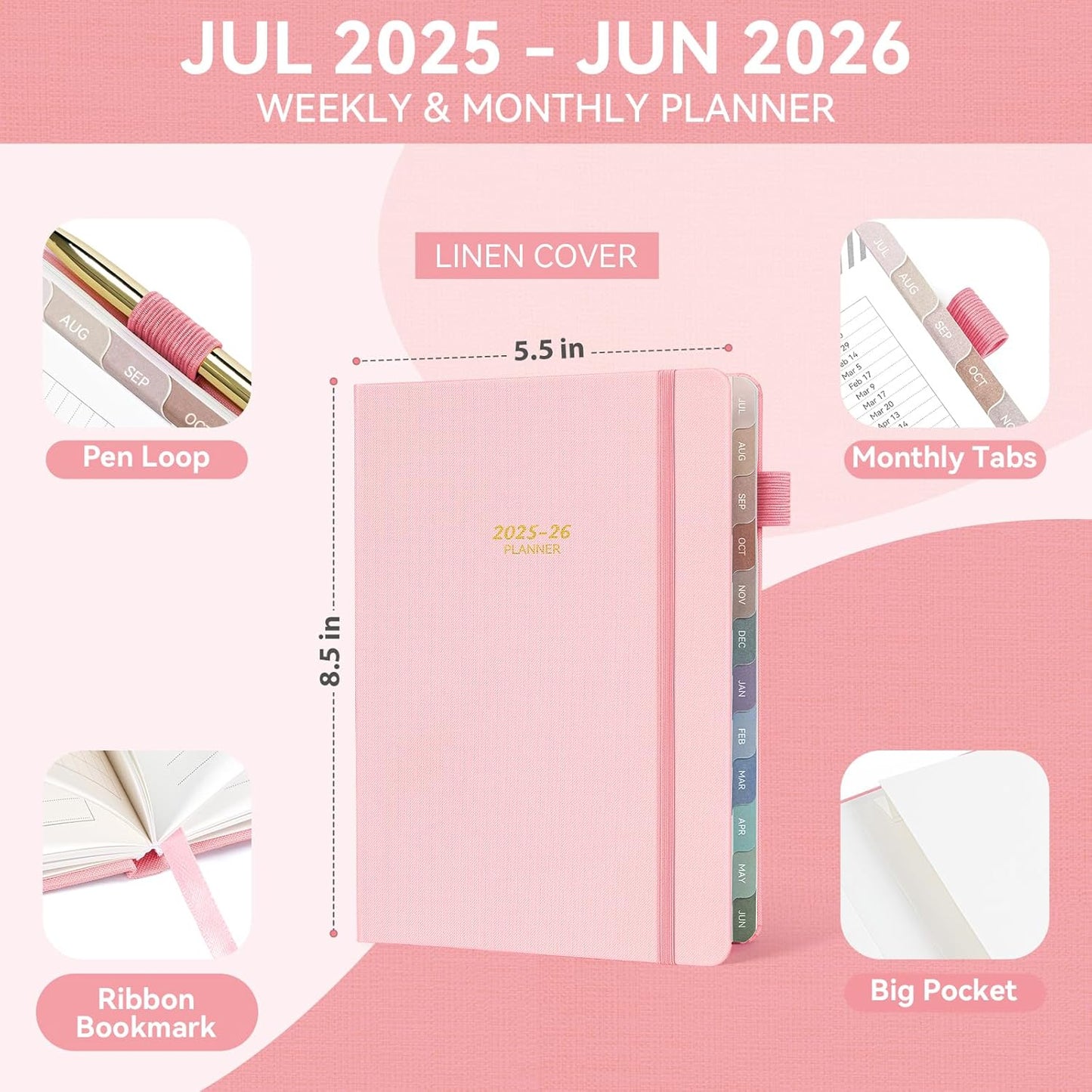 Getink 2025-2026 Linen cover Planner Weekly & Monthly Daily Agenda Book,2025-2026 To Do List Notebook with Colorful Monthly Tabs, Inner Pocket, Elastic Closure (Pink,5.5 * 8.5)