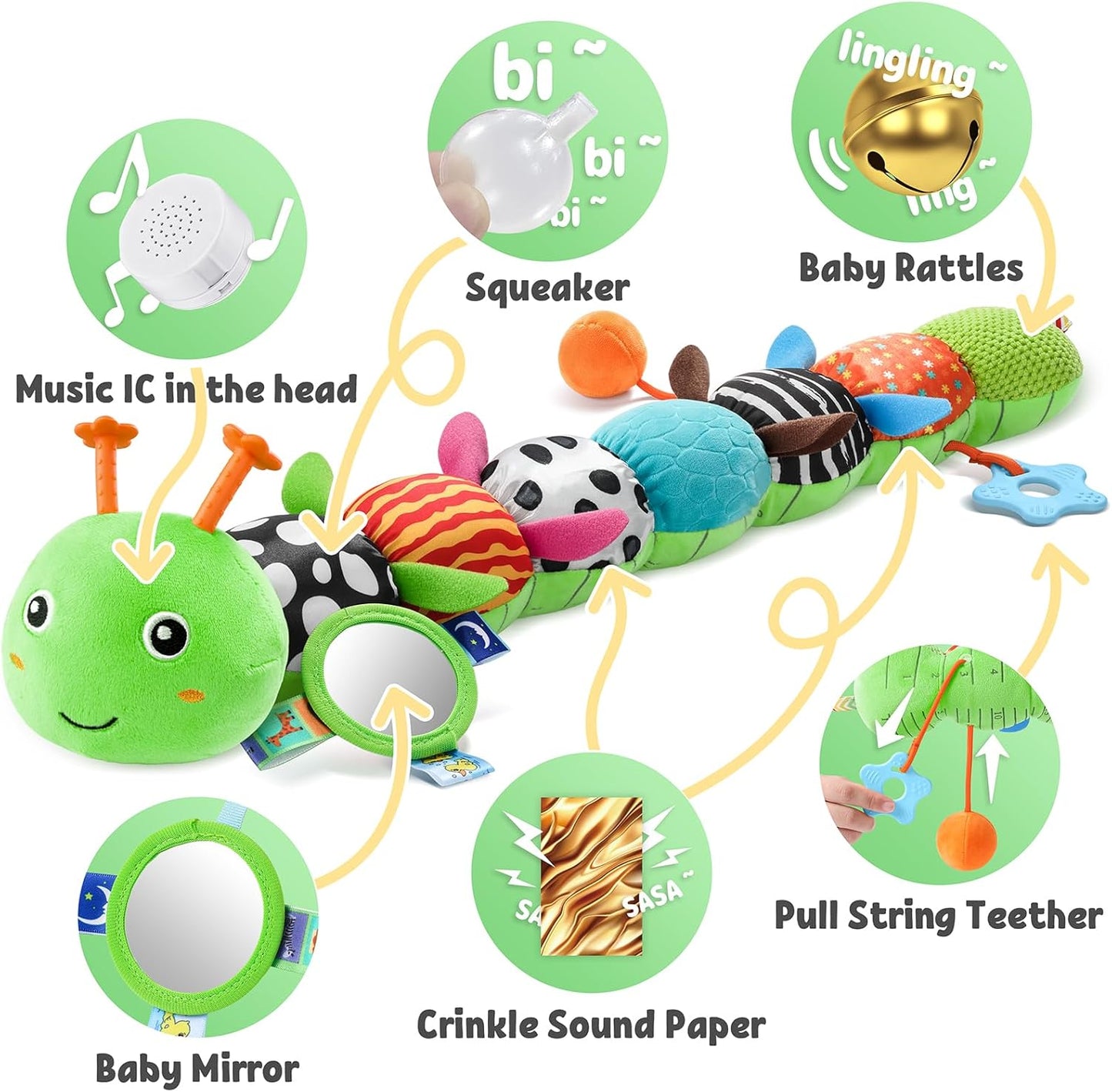 LIGHTDESIRE Baby Toys Musical Caterpillar,Infant Toys Stuffed Animals with Ruler Design,Mirror,Pull String&Ring Bell,Baby Teething Toys for Tummy Time Toys Newborn Gift 3 6 12 Months(Green,Leafy Limb)