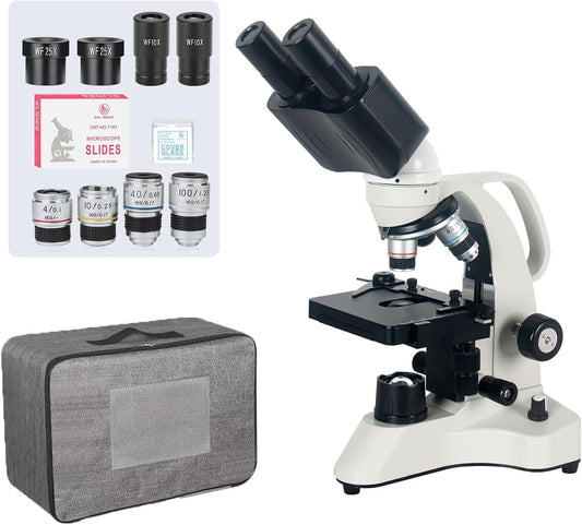 [Cost-Effective] Binocular Microscope, Vabiooth Lab Compound Binocular Microscope 40X-2500X Magnification with Two-Layer Mechanical Stage, Wide-Field 10X and 25X Eyepieces, Abbe Condenser, Metal Body