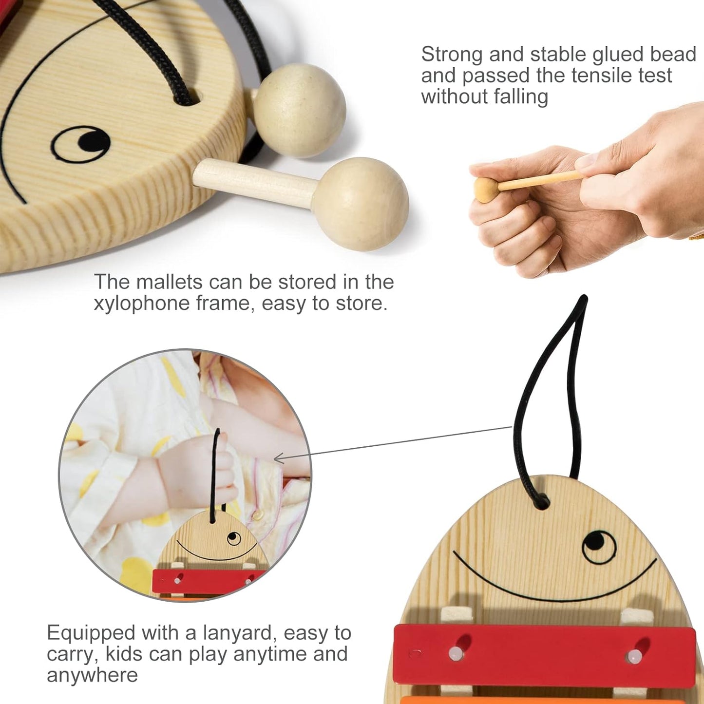 MUSICUBE Xylophone for Baby Toddler Fish Shape Wooden Xylophone with 2 Mallets Educational & Preschool Learning Percussion Instrument Professional Tuning Musical Toys for Kids Aged 3+