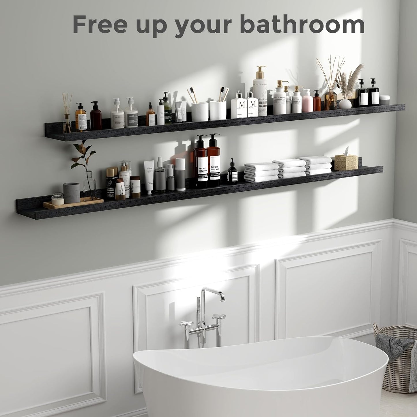 Fun Memories Black Long Picture Shelves 72 Inch, Solid Wood Floating Shelves Photo Shelf with Lip, Large Wall Mounted Display Shelves for Living Room, Bedroom, Kitchen