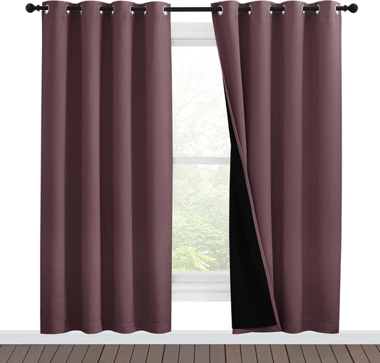 NICETOWN Living Room Completely Shaded Draperies, Privacy Protection & Noise Reducing Ring Top Drapes, Black Lined Insulated Window Treatment Curtain Panels (Dry Rose, 2 Pieces, W55 x L78)