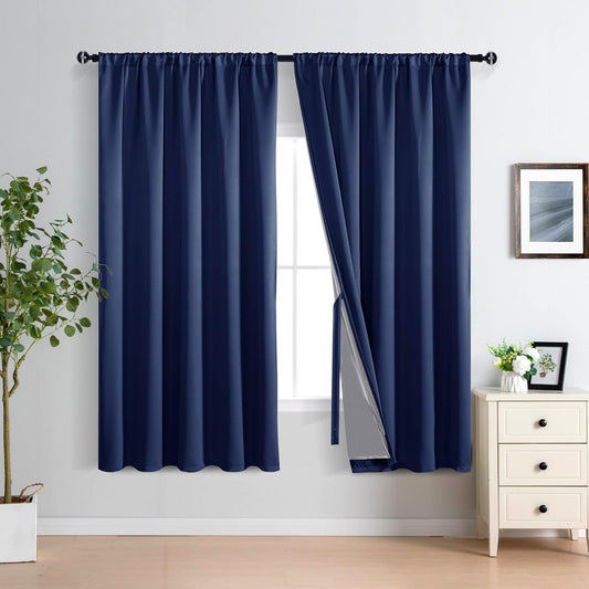 XWZO 100% Blackout Curtains with Tiebacks- Extra Wide Full Shade Window Drapes Thermal Insulated Double Layer with Black Liner for Bedroom/Living Room, Rod Pocket, Navy Blue, W70 x L63, Set of 2