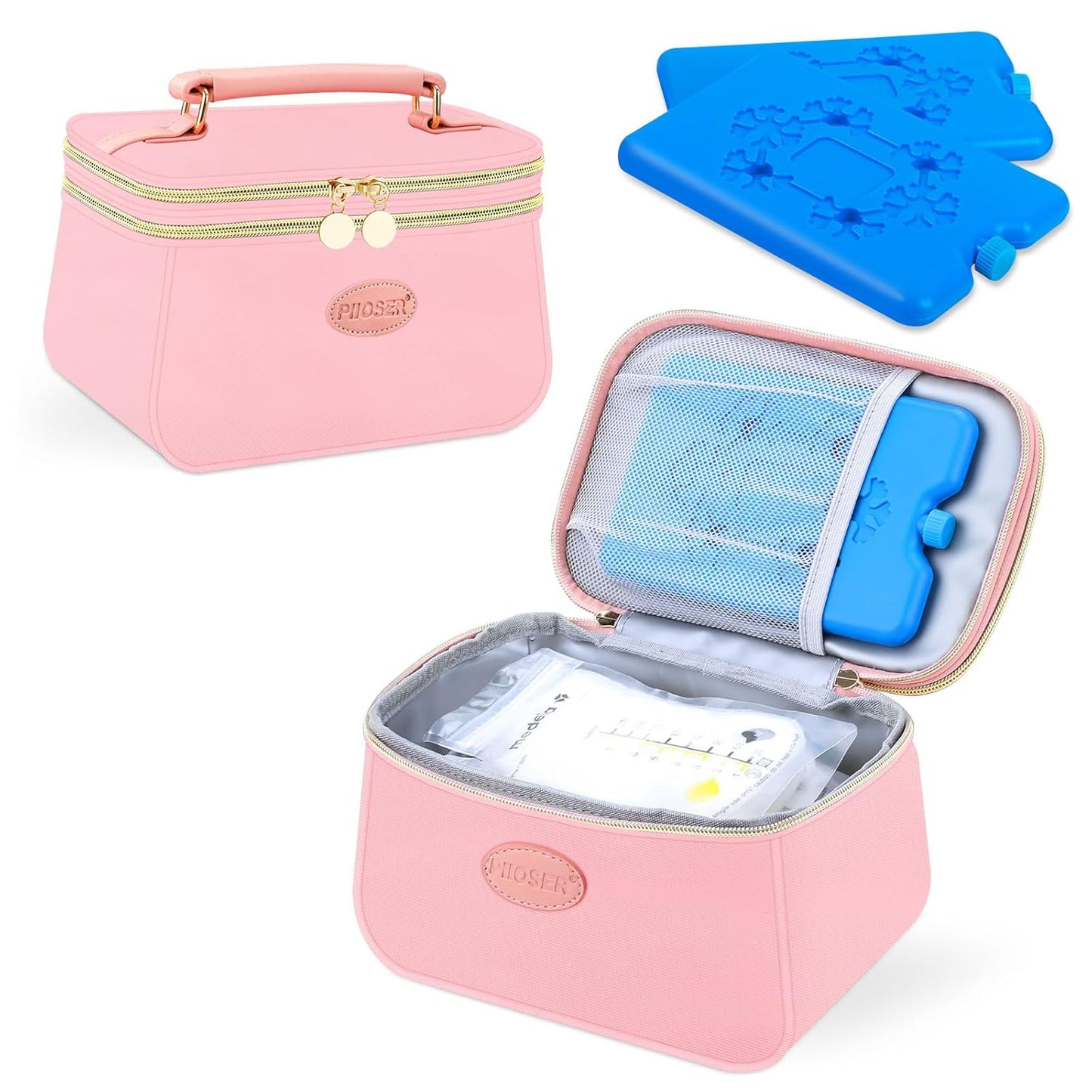 PIIOSER Breast Milk Cooler Bag with 2 Ice Pack, Fit 6 Breastmilk Storage Bags Up to 8Oz, Insulated Baby Bottles Tote Bag for Daycare and Breastfeeding Mom (Pink-XS)