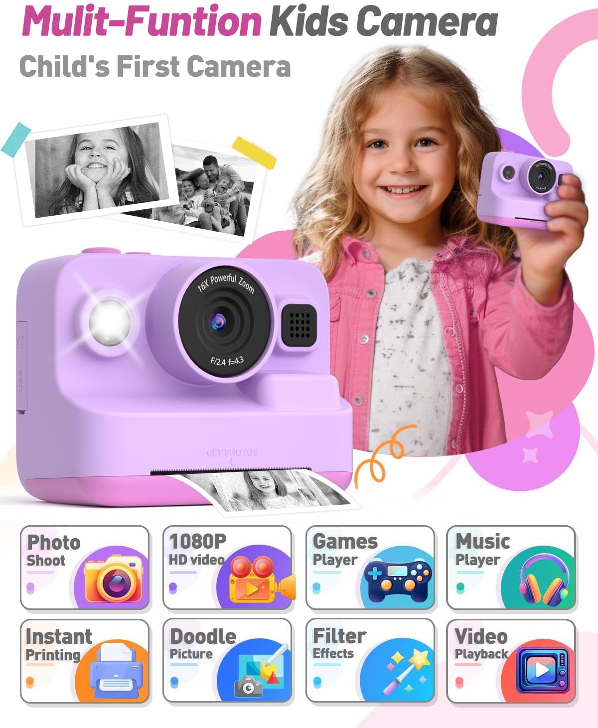 Instant Print Camera for Kids, Christmas Birthday Gifts for 3-12 Year Old Girls Boys, 2.4in Screen 1080P Video Digital Camera Toys for Kids Age 4 5 6 7 8 9 10 with 3 Rolls Print Paper 32G Card