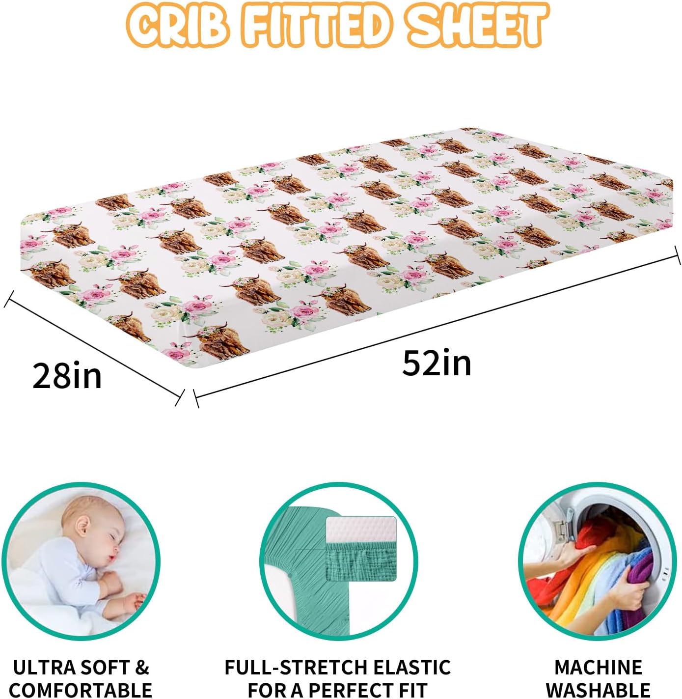 Baby Crib Bedding Set - Highland Cow Design Nursery Bed 3 Pcs Set - Chic Soft Blanket with Dotted Backing, Sheet, Pillowcase for Newborns Girls Boys Gifts Color01
