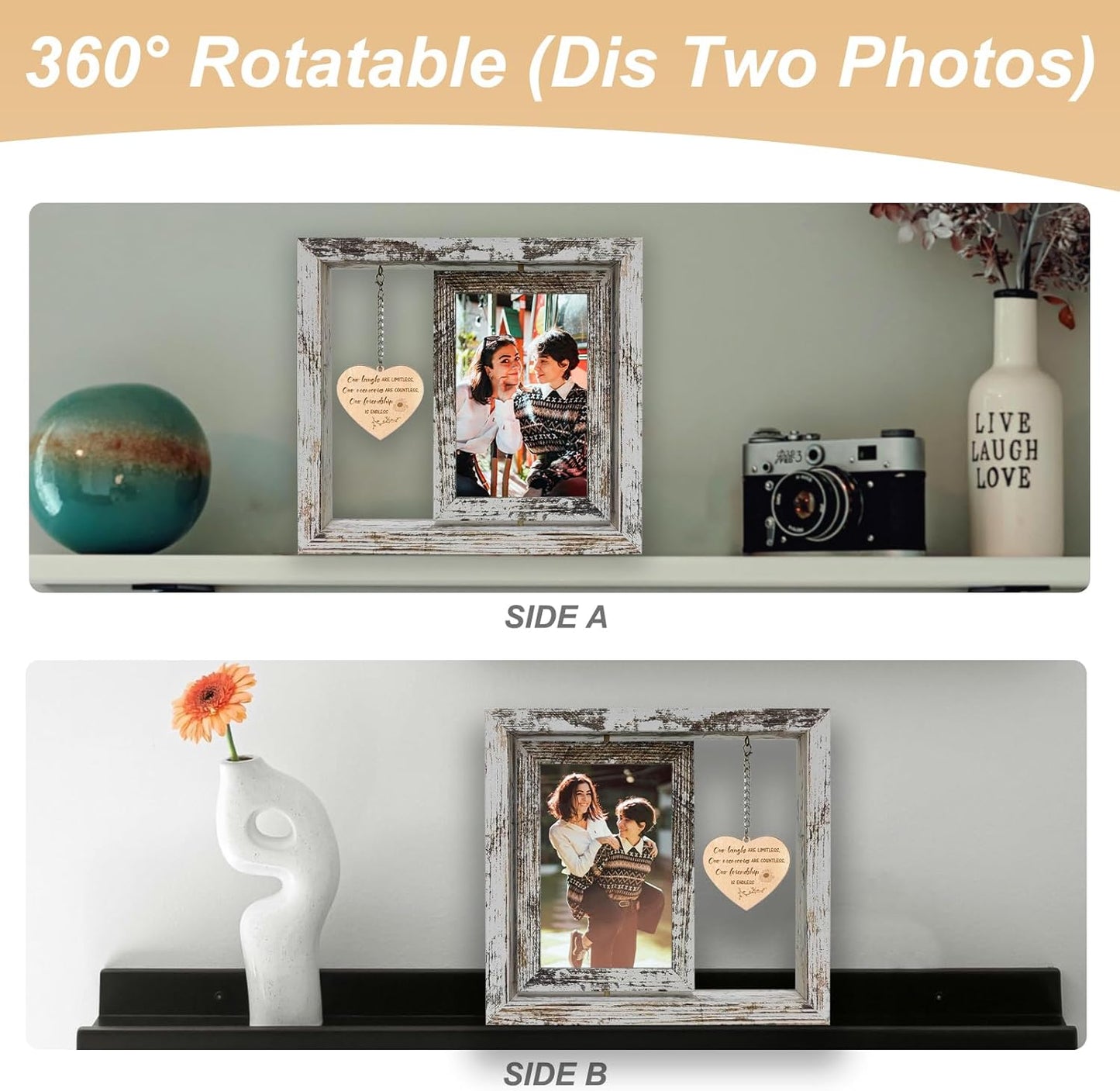 Friendship Picture Frame – Best Friend Frame Gifts for Women – Wooden 4x6 Photo Frame Holds 2 Photos – Rotating Vintage Design with Real Glass – “Our Friendship is Endless” Quote – Gift Box Included