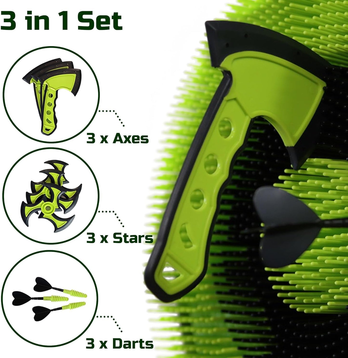 Leeray 3-in-1 bristle axe target board game - throwing target game set with throwing axes, lawn darts, and ninja throwing stars - axe throwing game for backyard outdoor games for kids and adults