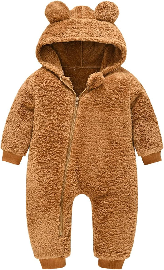 Baby Fleece Jumpsuits Infant Bear Ear Snowsuit Newborn Hooded Romper Warm Coat