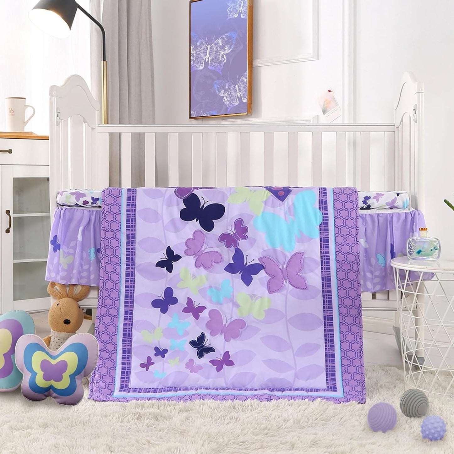 Wowelife Butterfly Mini Crib Bedding Set, 3 Piece Baby Bedding Set Butterfly, Mini Crib Nursery Bed Set, Breathable and Soft with Sheet Sets for Baby Girl, Purple