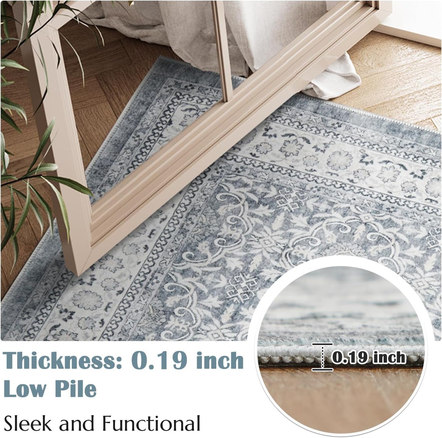 jinchan Hallway Runner Rug 2x8 - Machine Washable Grey Vintage Floral Distressed Design Soft Non-Slip Low-Pile Ultra-Thin Runner Rug for Kitchen Laundry Room Bedroom Farmhouse (2‘x8',Grey)