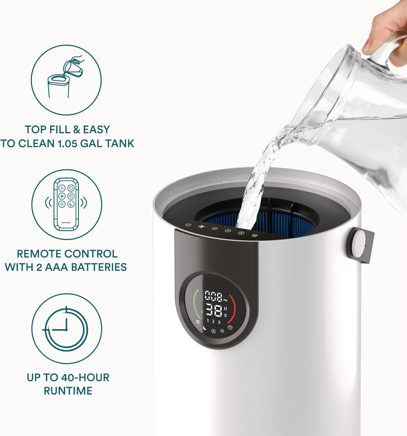 Homedics 2-in-1 Cool Mist Humidifier & Air Purifier – Humidifies & Purifies Air, Digital Air Quality Sensor, Auto Mode, Stylish Tower Design, Ideal for Medium-Large Rooms