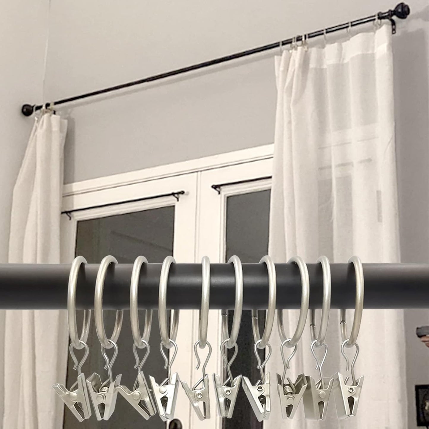 40 Pack Matte Silver Curtain Rings with Clips, Curtain Hooks Hangers Clip Rings for Hanging Drapes Bows Hat, Drapery Rings 1.26 in I D, Fits up to 1 in Diameter Curtain Rod.