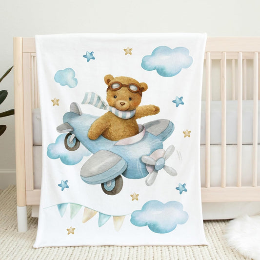 UNIQUE Little Bear Ultra Soft Fleece Baby Blanket 30x40in, Pilot Bear Baby Blanket, Boy