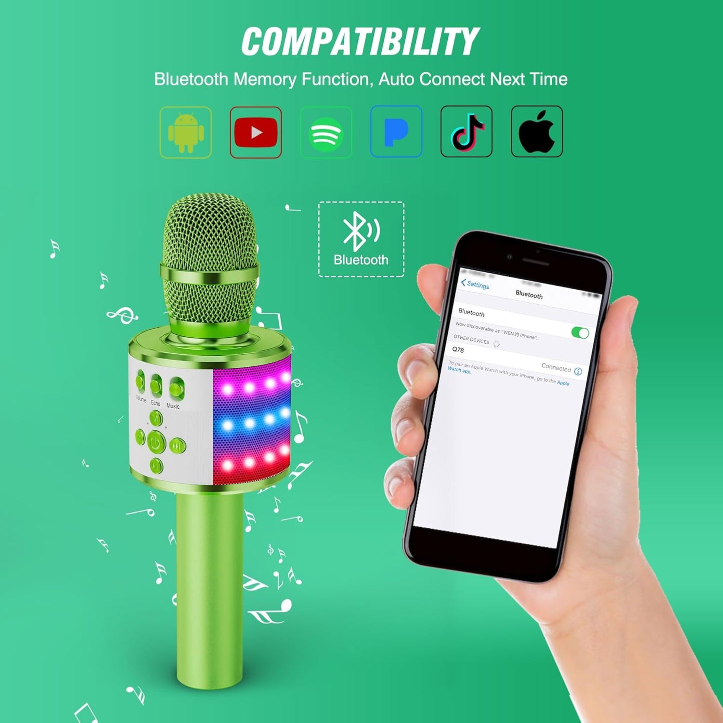 BONAOK Karaoke Microphone for Kids & Adults - Bluetooth Microphones Singing Mic with Disco Lights, Echo Effect, Built-in Speaker Portable Karaoke Player for Party Travel Gifts Q78(Green)