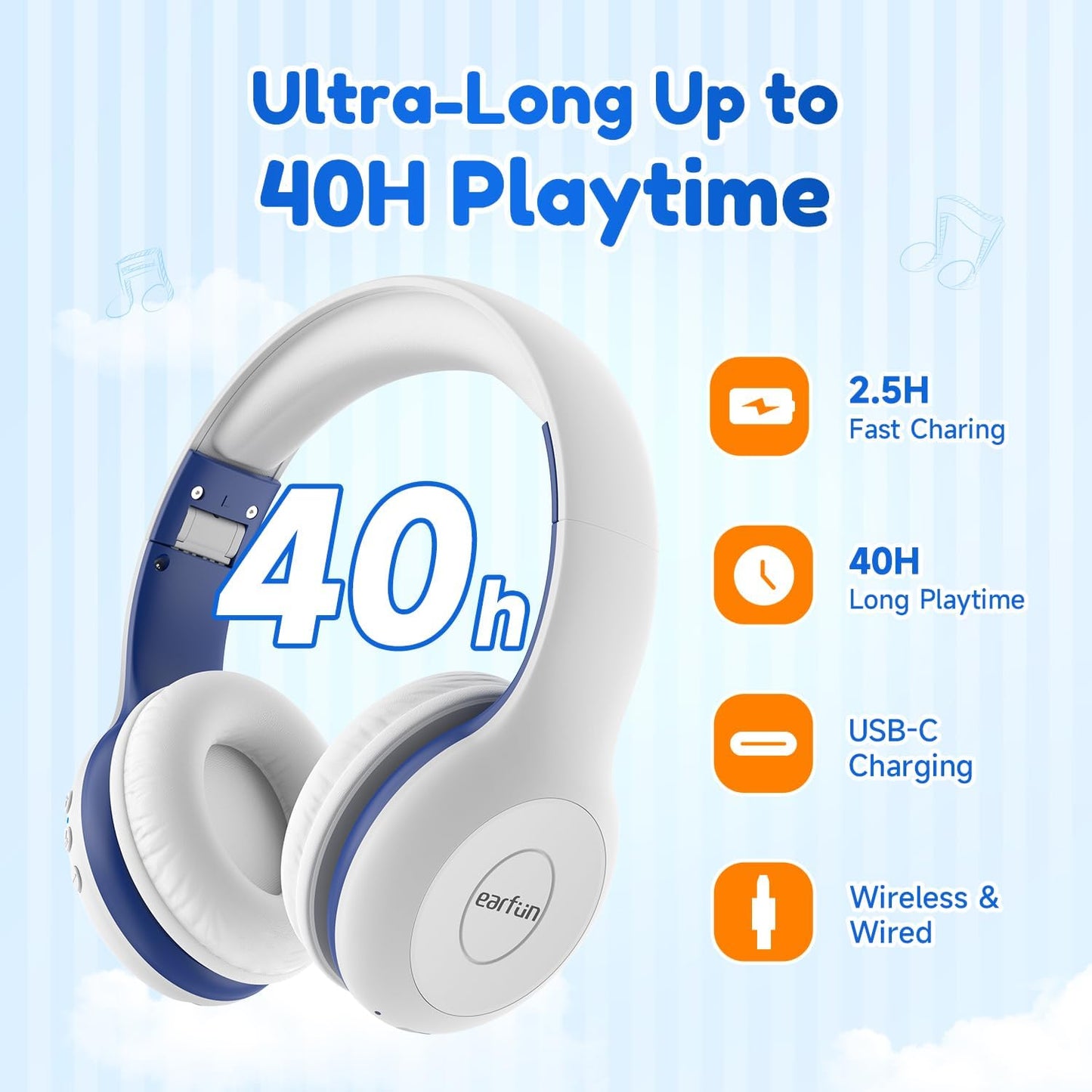 EarFun K2 Kids Bluetooth Headphones, Kids Headphones with Volume Limited, 40H Playtime, Built-in Mic, Stereo Sound, Foldable Over-Ear Headphone for School/Travel/iPad/Tablet, White