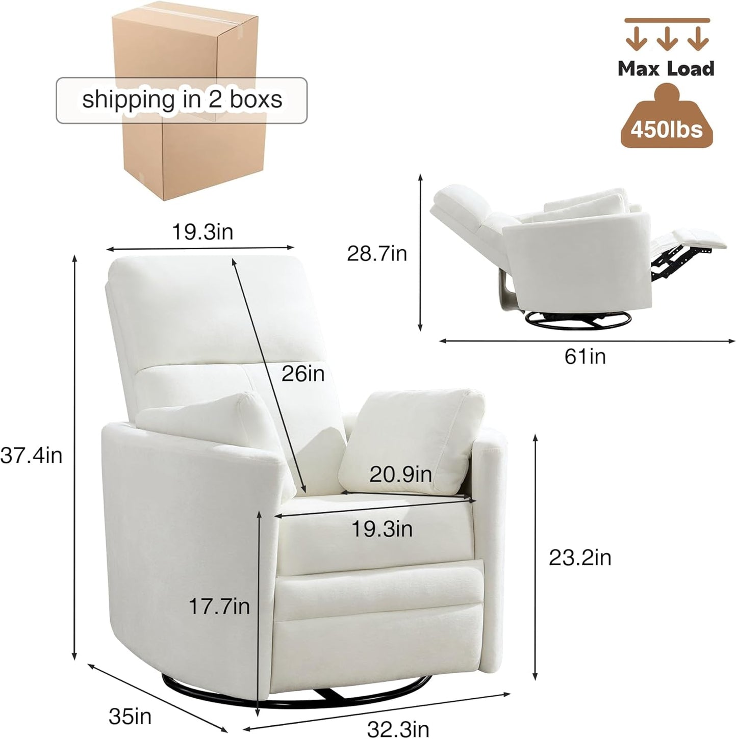 Swivel Rocker Recliner Chair, Manual Nursery Rocking Chair Upholstered Adult Rocking Chair with 2 Pillows for Living Room Bedroom (White, Manual Operation)