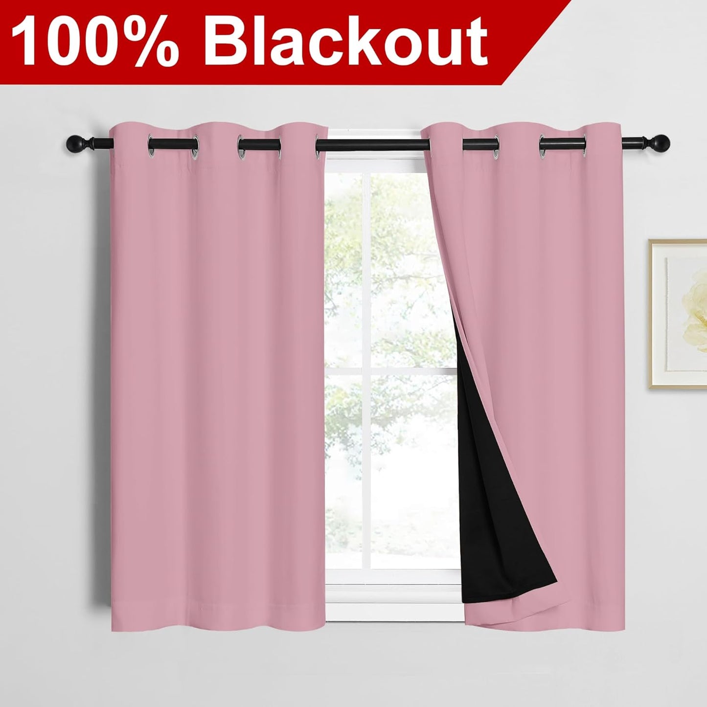 NICETOWN Crystal Pink 100% Blackout Curtains 45 inches Long, Thermal Insulated Full Blackout 2-Layer Lined Curtains, Energy Efficiency Window Draperies for Dining Room (2 Panels, 42-inch W)