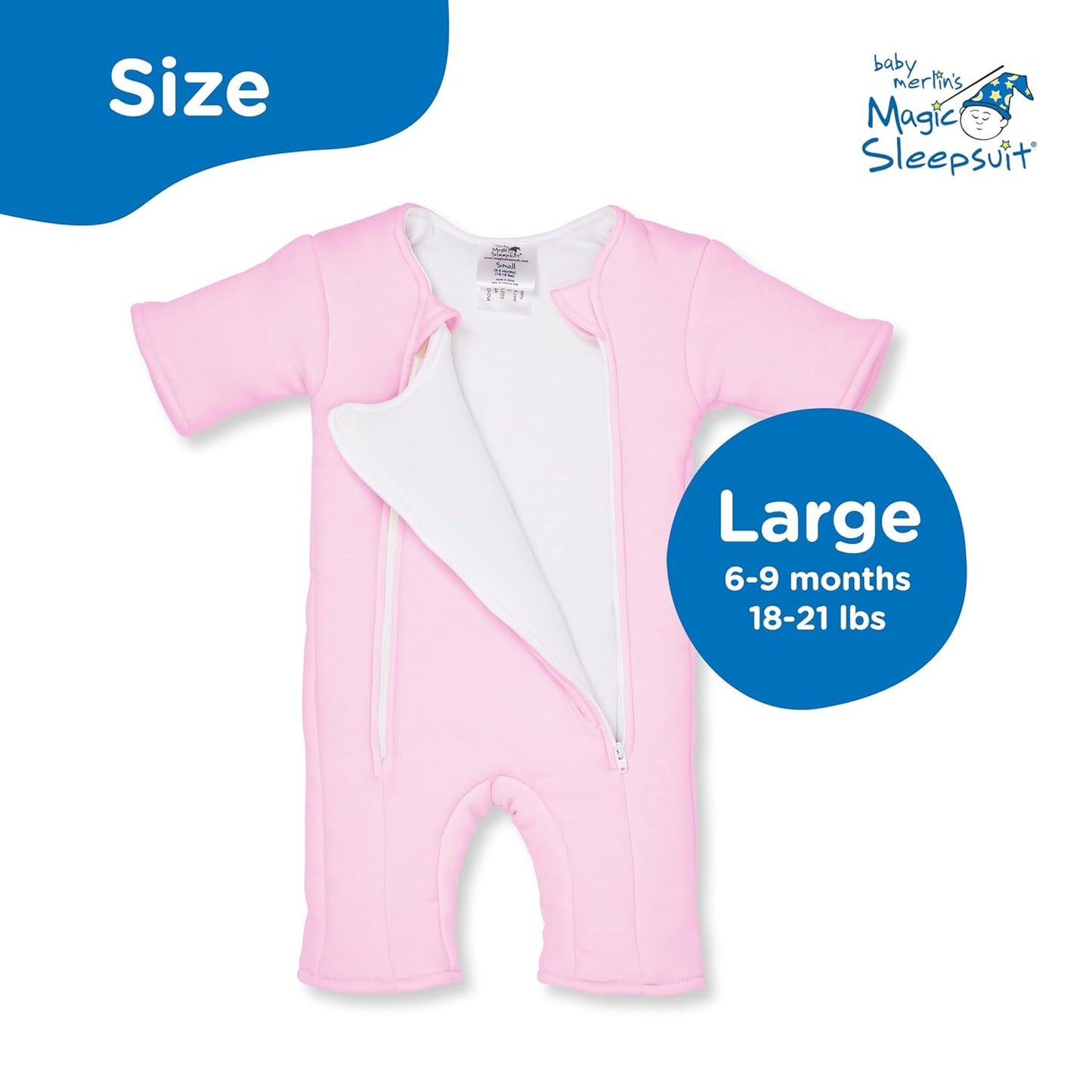 Magic Sleepsuit Baby Merlin's Cotton Baby Swaddle Transition Product - Soft and Breathable Design, Double Zipper for Easy Diaper Changes, Promotes Safe Sleep - Pink - Large 18-21lbs