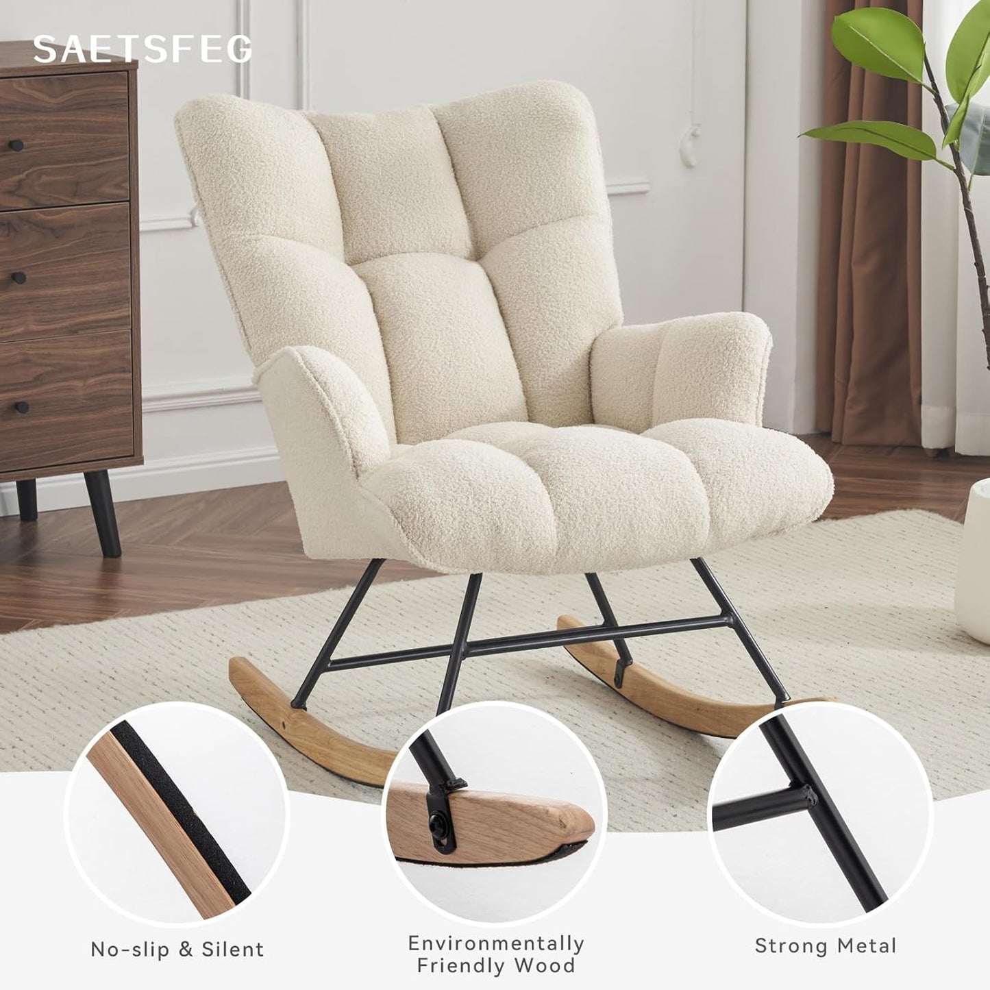 Rocking Chair Nursery Teddy Upholstered Glider Rocker Rocking Accent Chair Padded Seat with High Backrest Armchair Comfy Side Chair for Living Room Bedroom Offices (Ivory Teddy)
