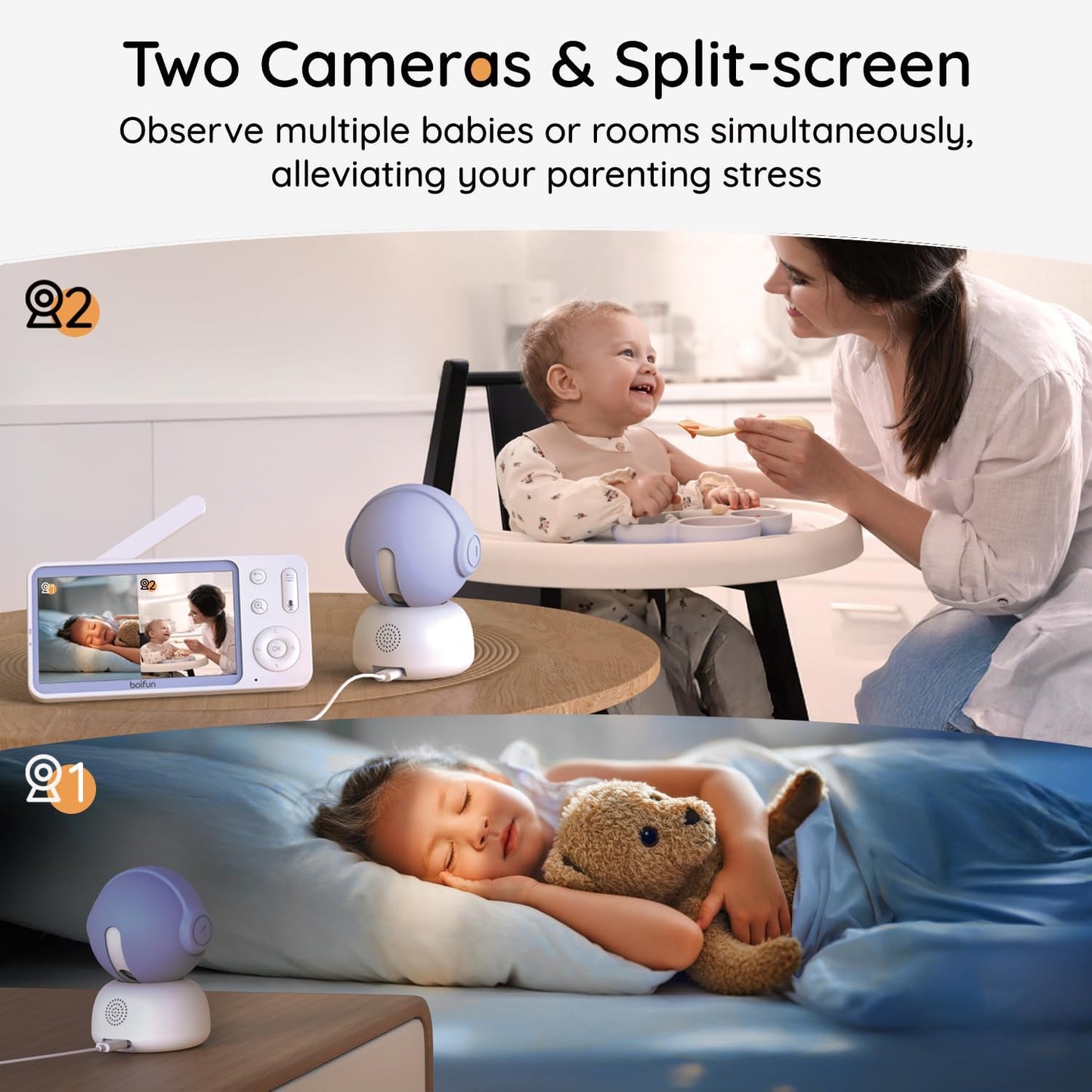 BOIFUN 2K Split-Screen 5 Inch Wi-Fi Baby Monitor with 2 360° Cameras, AI Motion & Sound & Humidity & Temp Detection, Auto Tracking Via Smartphone App and Monitor Control, Infrared Night Vision