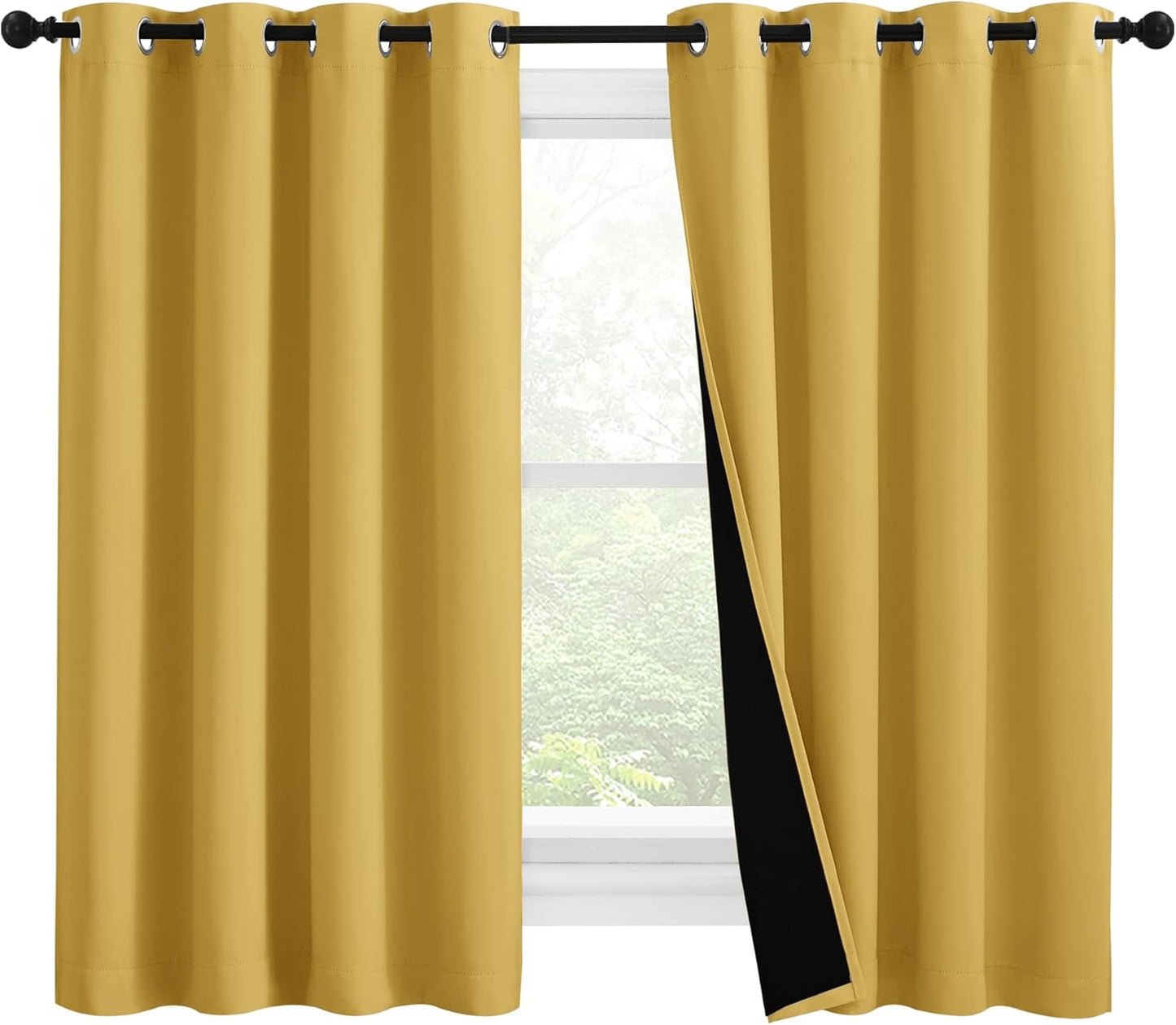NICETOWN 100% Blackout Curtains with Black Liners, Thermal Insulated Full Blackout 2-Layer Lined Drapes, Noise Cancellation Window Draperies for Dining Room (Bright Yellow, 2 Panels, 55" W by 57" L)
