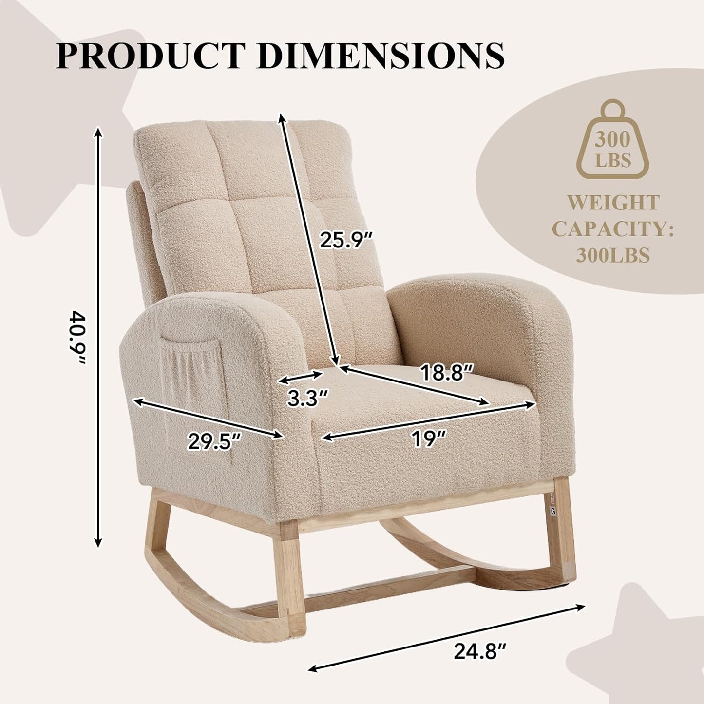 NIOIIKIT Nursery Rocking Chair, Teddy Upholstered Glider Chair with Side Pocket, Glider Rocker Chair with Tufted Back, Comfy Accent Nursing Chair for Living Room (Beige Retro)