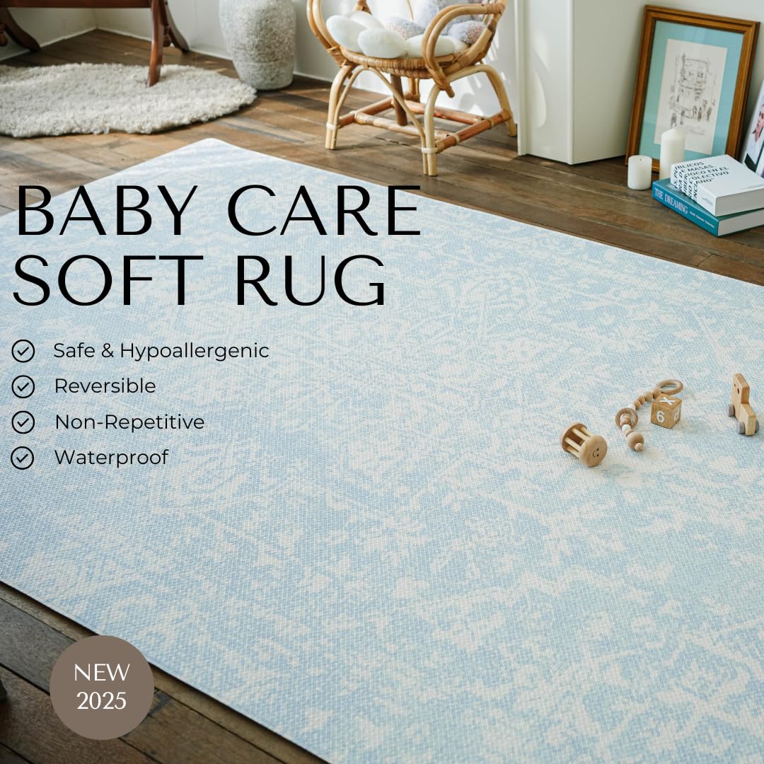 Baby Care Soft Rug (Prestige, Ikat - Inca Blue) 98'' x 59'' Original One-Piece Reversible Rollable Waterproof Play Mat for Infants, Babies, Toddler, and Kids