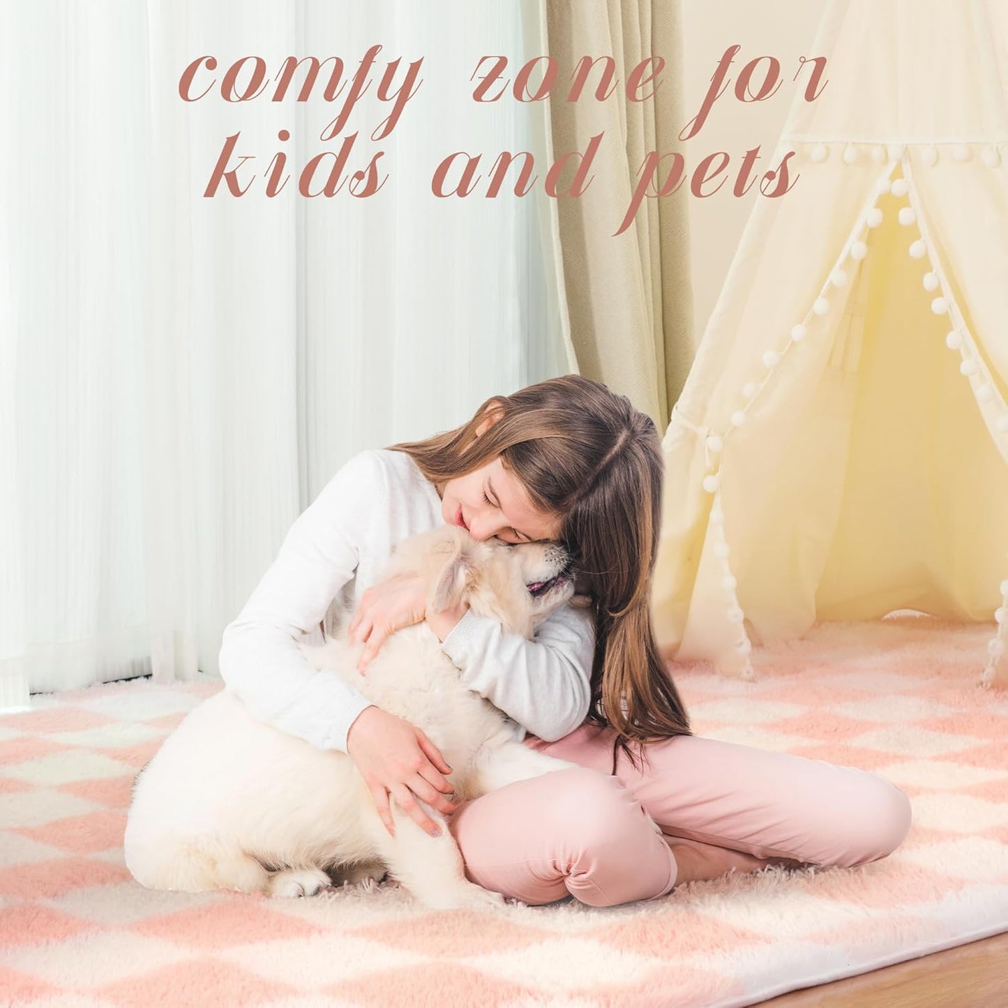 Super Soft Rug for Bedroom, Pink and White Area Rug Classic Checkered Shaggy Anti-Skid High Pile Soft Fluffy Rug Fuzzy Carpet for Living Room Bedroom Kids Room Nursery, Dorm Home Decor