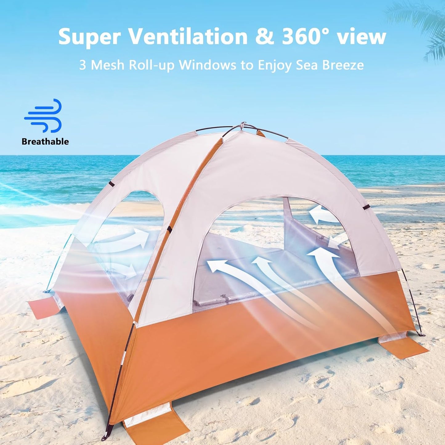 NXONE Beach Tent Sun Shade Shelter for 3/4/6 Person Person with UV Protection, Extended Floor, 3 Mesh Roll Up Windows & 8.0/8.5mm Fiberglass Rods丨Carry Bag Included