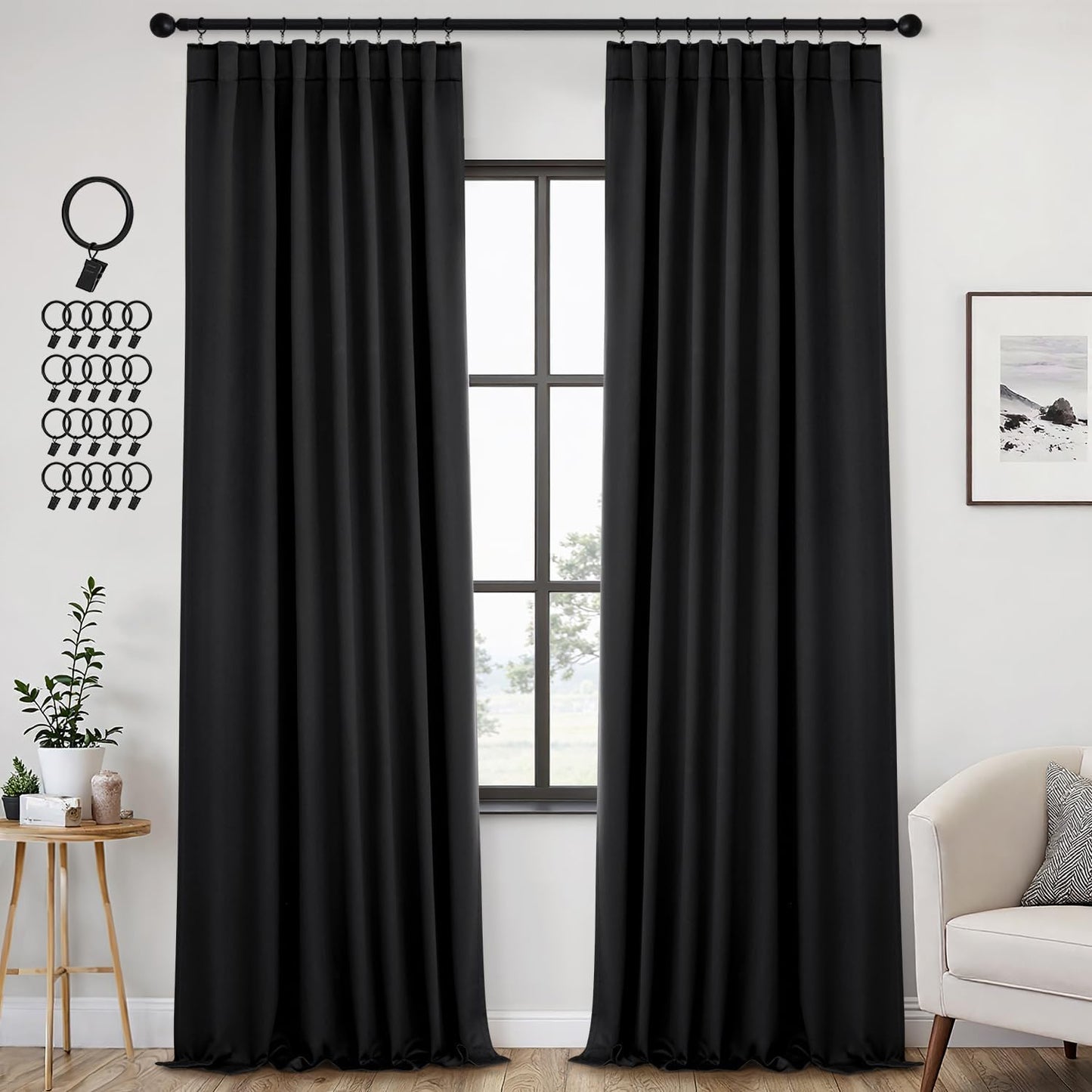 ANRODUO Back Tab Blackout Curtains for Bedroom Living Room, Rod Pocket Pinch Pleated Thermal Insulated Room Darkening Curtains 96 Inches Long 2 Panels, Black, 42 x 96 Inch