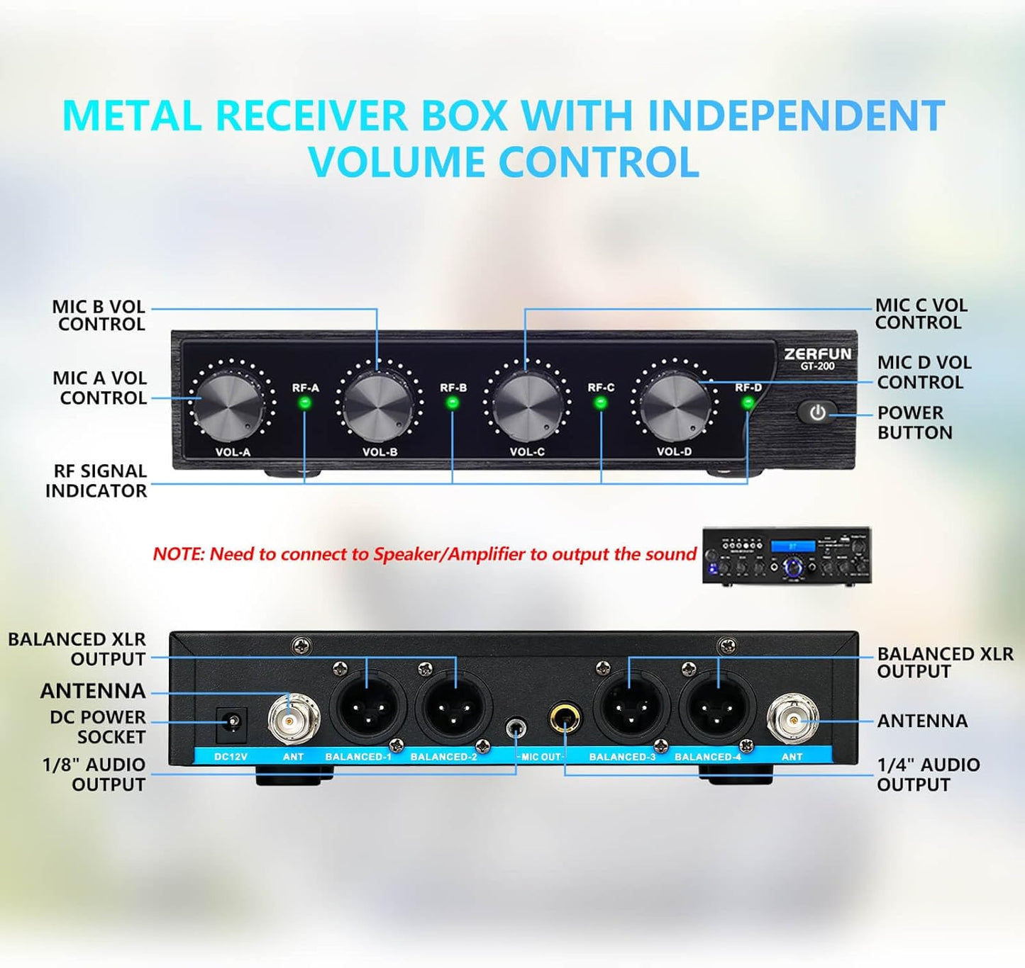 Pro Rechargeable Wireless Microphone System 4 Channel, UHF Metal Handheld Wireless Microphones Cordless Mics with Echo Treble BASS VOL Channel Control for Karaoke Singing Church(GT-200)