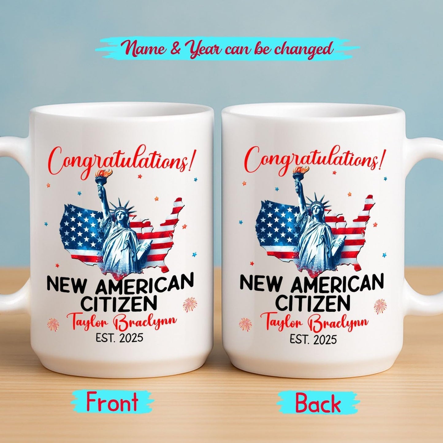Congratulations New American Citizen Coffee Mug 11Oz 15Oz, Personalized Year & Name White Cup Gift For Sister Brother New US Citizen, Novelty American Flag Coffee Cup, Customized US Citizenship Mug