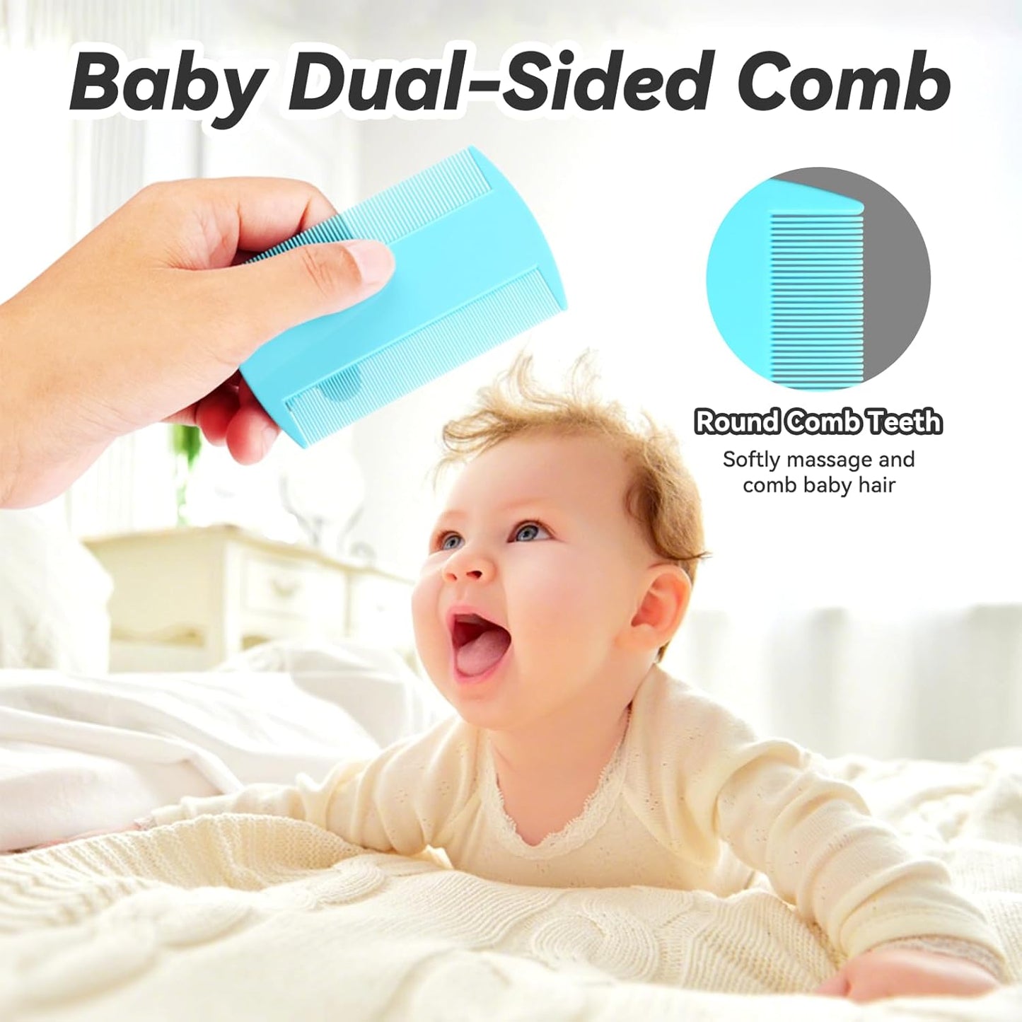 Baby Hair Brush and Comb Set, 2pcs Wooden Natural Goat Bristles Brush+ Blue Comb+ White Cradle Cap Brush Grooming Kit for Newborns Toddlers Boys Girls