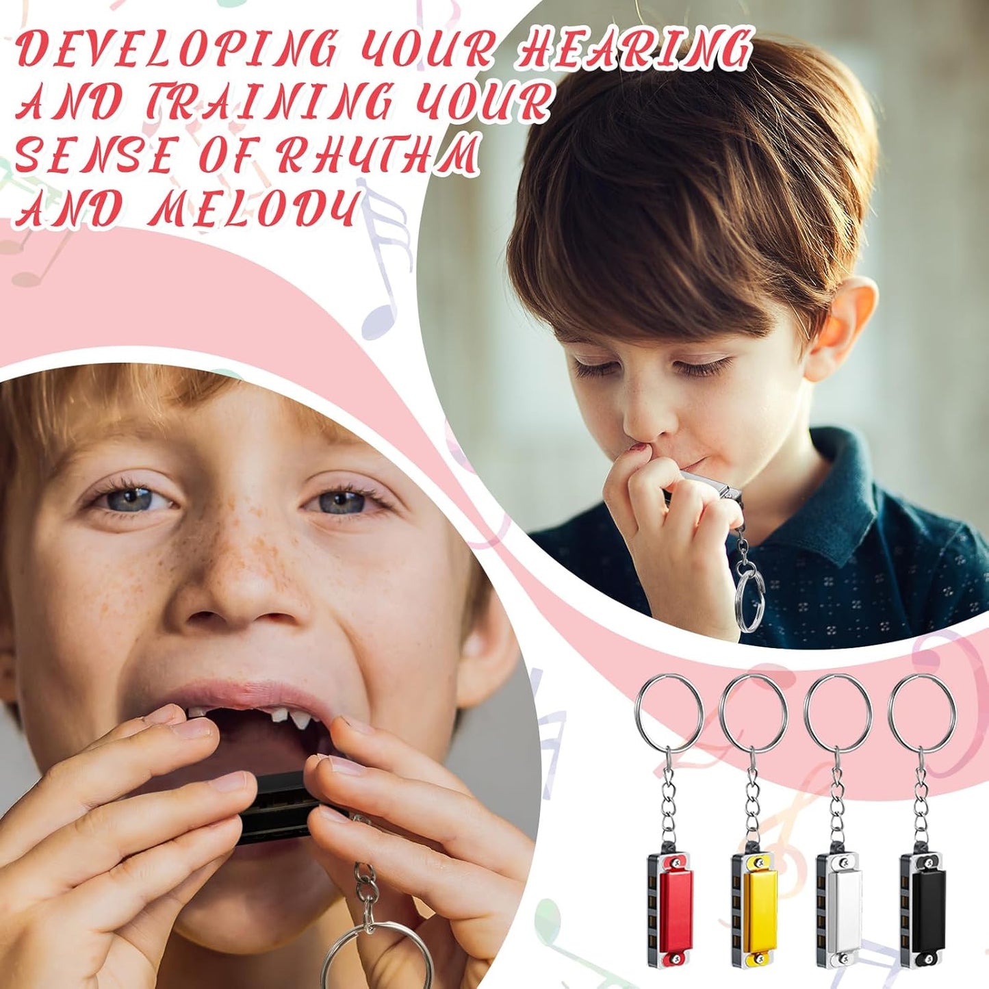 Ecally 32 Pcs Mini Harmonica Keychain for Kids Operation Christmas Favors Portable Wind Instruments 4 Holes 8 Tunes Harmonica Music Party Favors Cute Music Keychain Accessory (Classic Color)