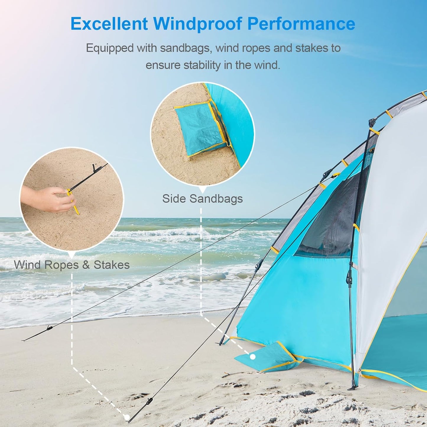 WolfWise 4-5 Person Easy Up Beach Tent UPF 50+ Portable Instant Sun Shelter Canopy Umbrella with Extended Zippered Porch, Blue