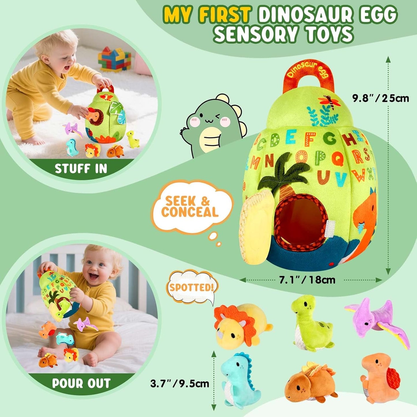 FREYBLI Baby Toys 6-12 Months - Soft Dinosaur Toy with Rattle, Crinkle Paper, Squeaker, Mirror - Baby Sensory Toys for 6 Month Old Developmental, Baby Montessori Toys for 1 Year Old Boy Girl Gifts