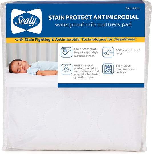 Sealy Baby Stain Protect Antimicrobial Fitted Waterproof Infant Crib Mattress Protector Pad and Toddler Bed Cover, Durable and Comfortable Topper, Machine Washable & Dryer Friendly, 52” x 28”- White