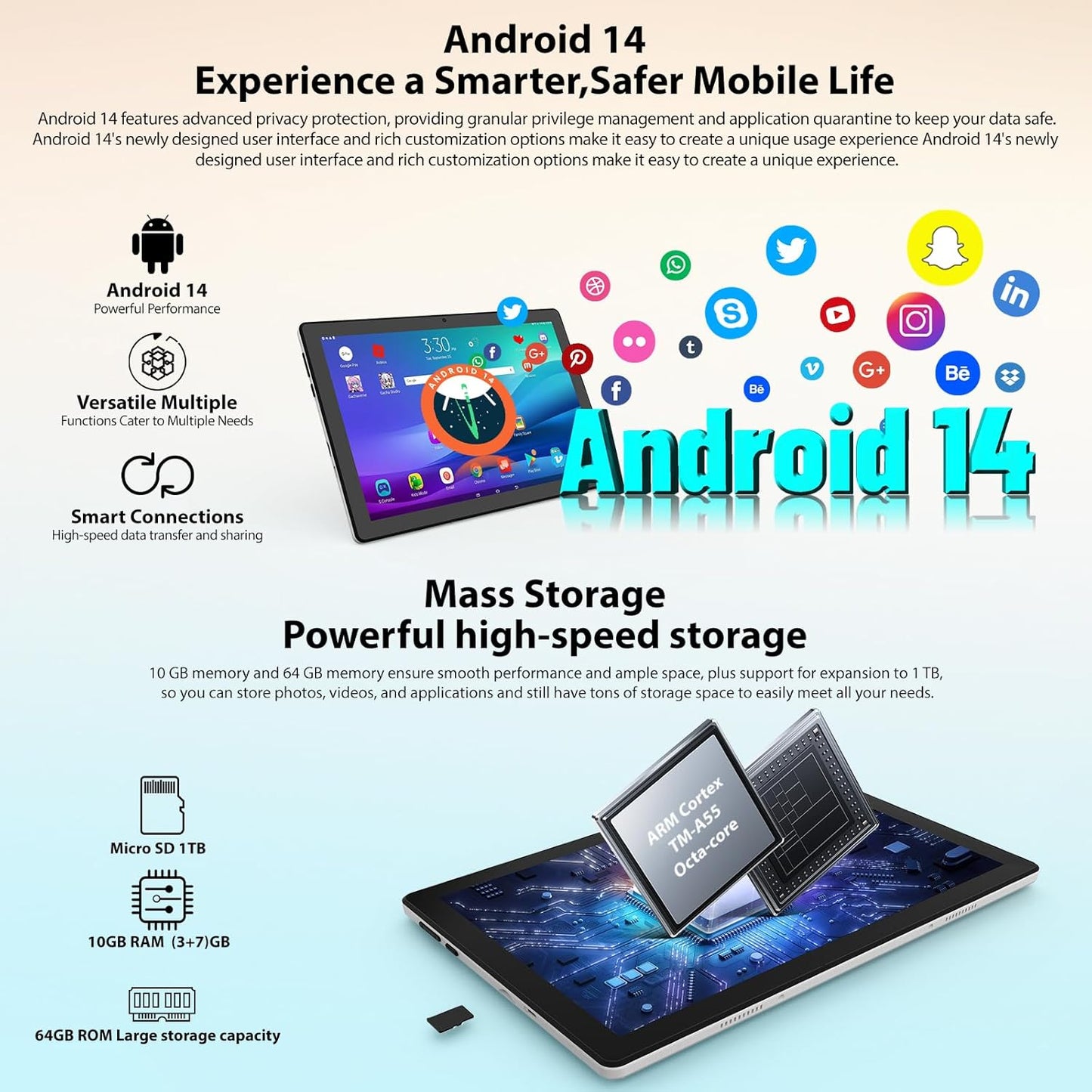 Tablet 10 inch Android 14, Octa-Core, 10GB RAM 64GB ROM 1TB Expandable, Widevine L1, 1280x800 IPS Touchscreen, BT 5.4, Dual Camera with Flash (White)