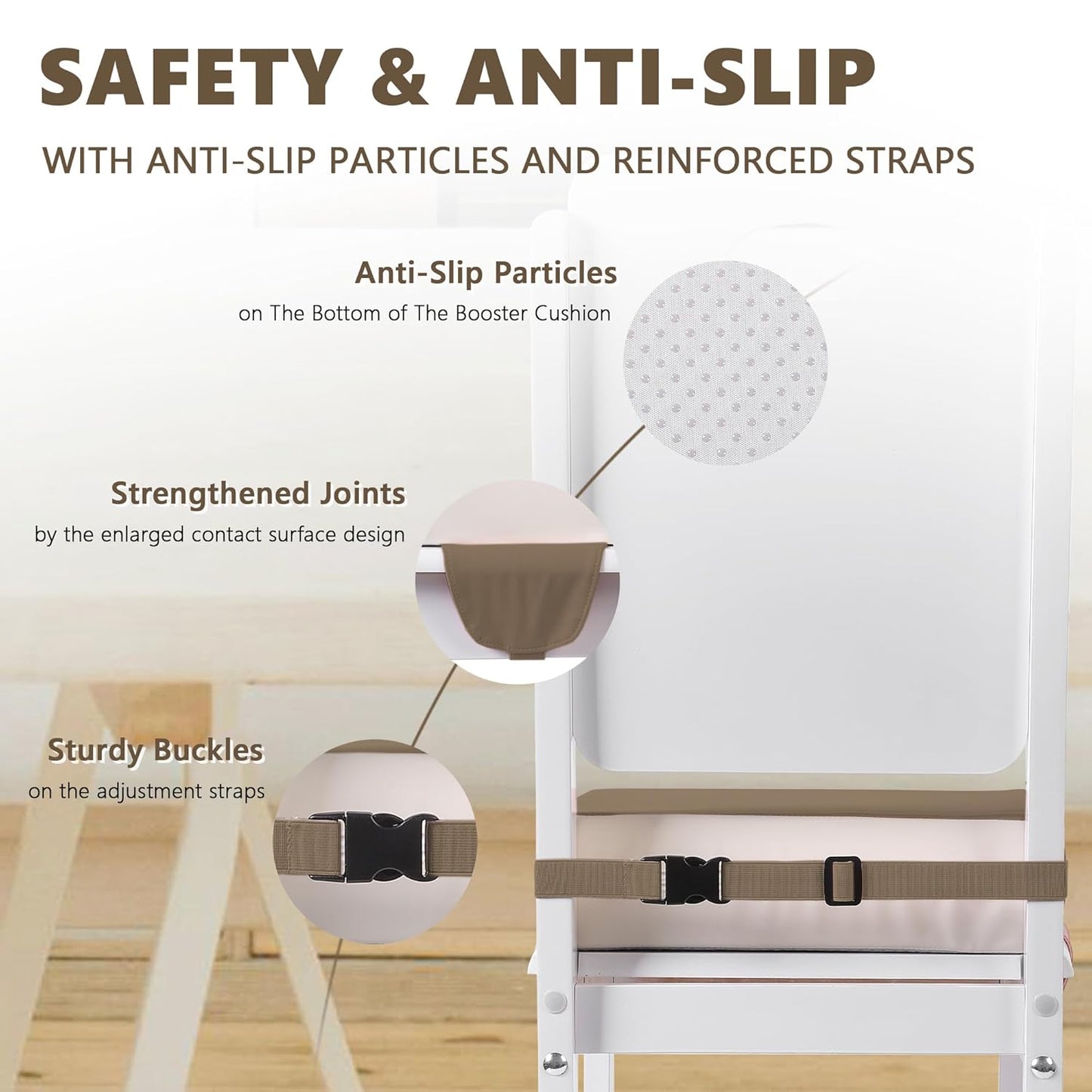 Booster Seat for Kitchen Chair with Adjustable Straps, Toddler Booster Seats for Dining Table Portable for Travel Camping Eating, Booster Cushion for Table for Baby Child Infant Kid Boy Girl