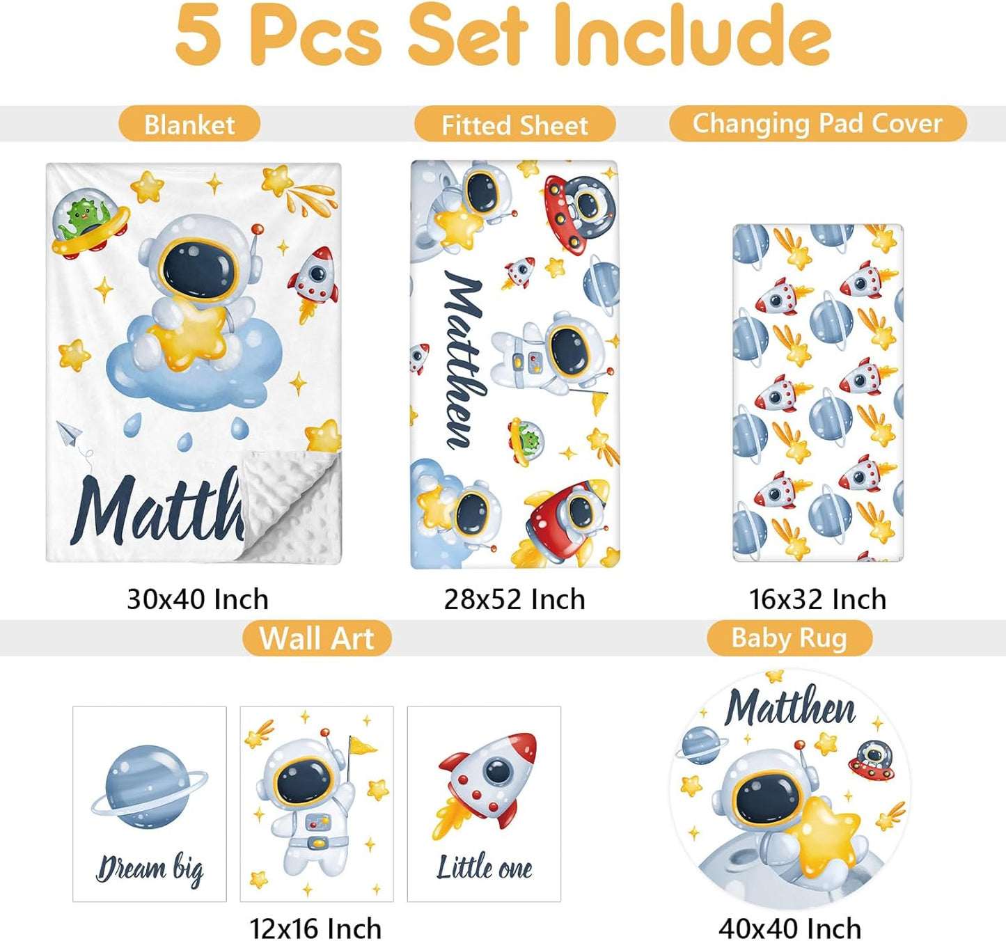 Customized Baby Bedding Set, 5 Pcs Custom Nursery Bedding Set with Baby Name, Double Layer Crib Set for Girls Boys, Personalized Gifts for Toddlers Infants New Parents, Space Astronaut