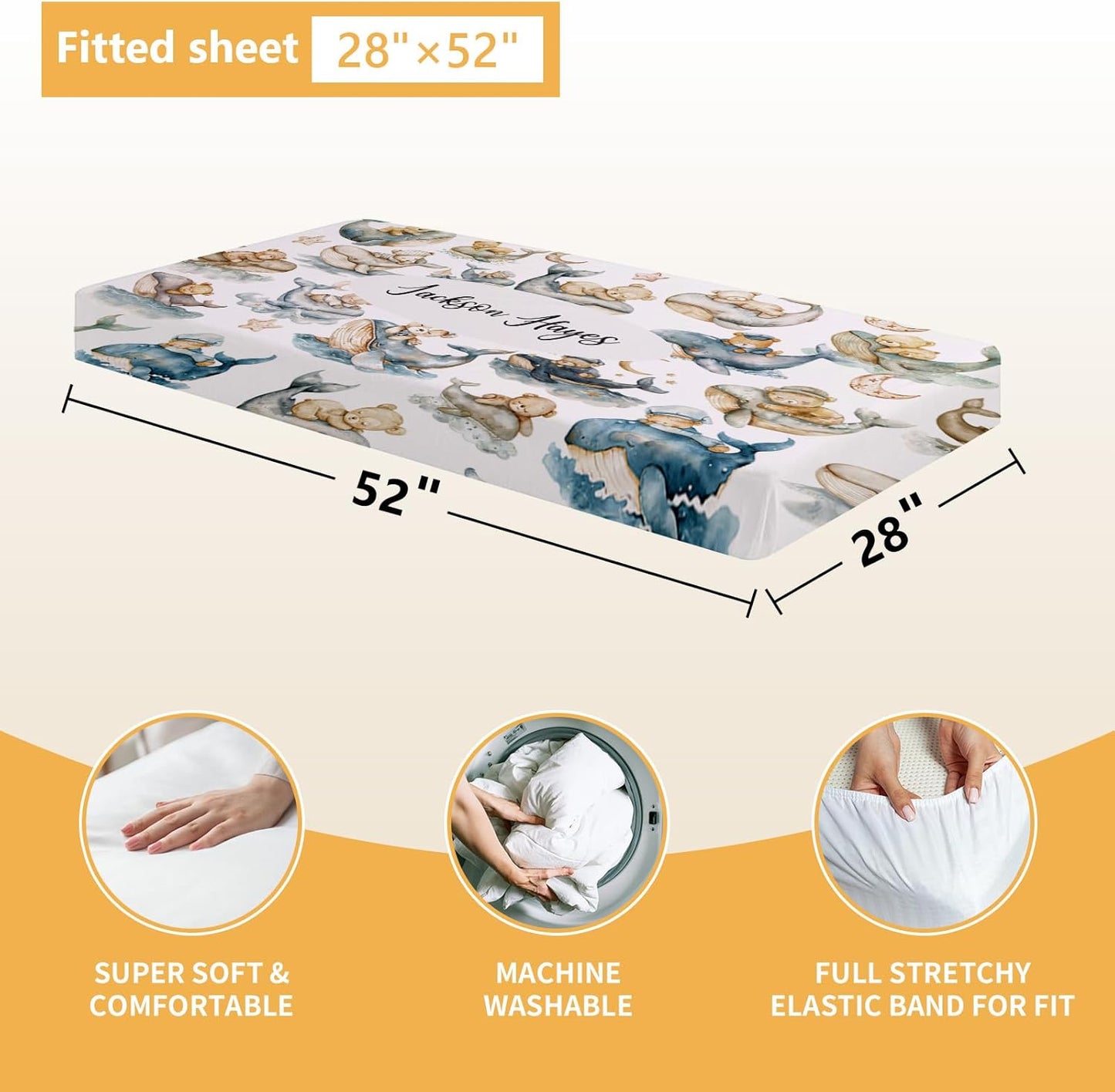 Personalized Baby Bedding Set - 5 Pcs Custom Infants Bedding Set with Infant Name - Double Layer Nursery Crib Set for Girls Boys - Customized Gifts for Toddler Baby Shower - Whales and Bears