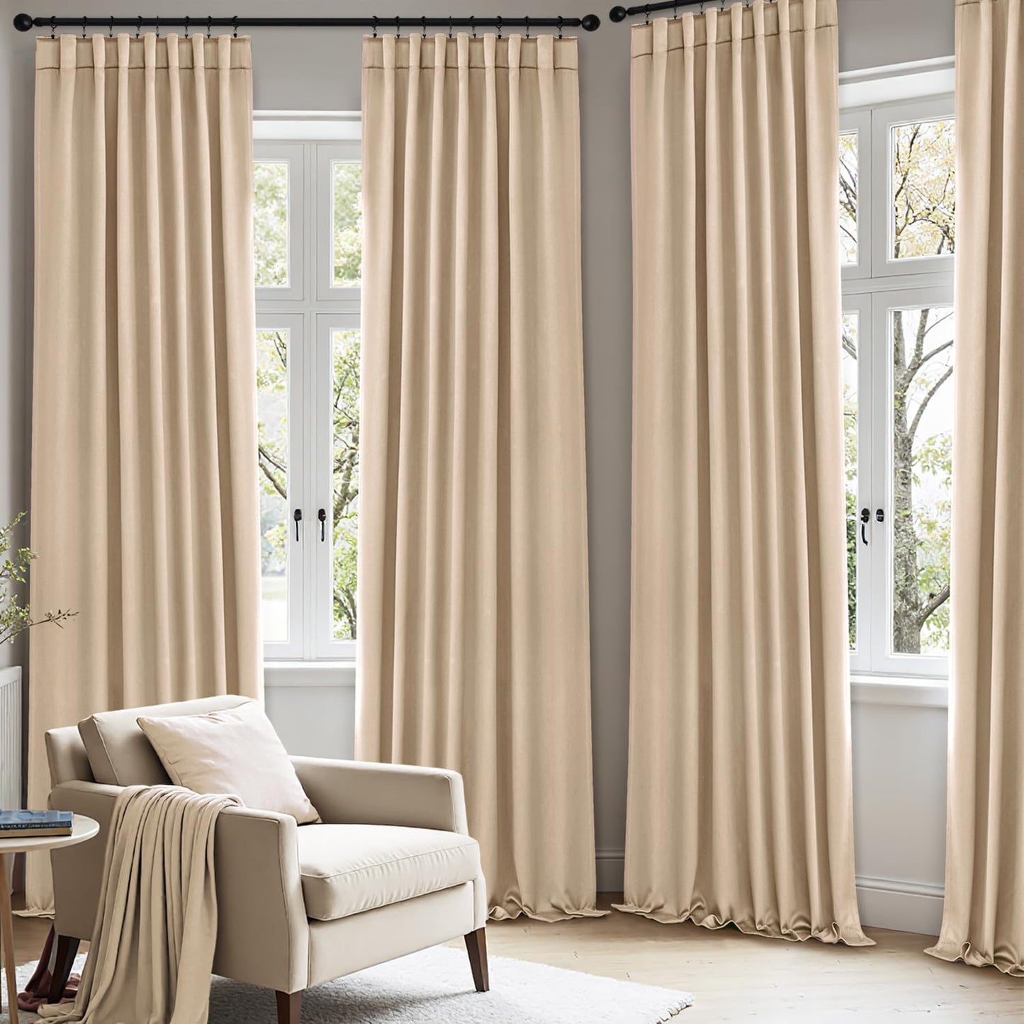 ANRODUO Back Tab Blackout Curtains for Bedroom Living Room, Rod Pocket Pinch Pleated Thermal Insulated Room Darkening Curtains 84 Inches Long 2 Panels, Beige, 42 x 84 Inch